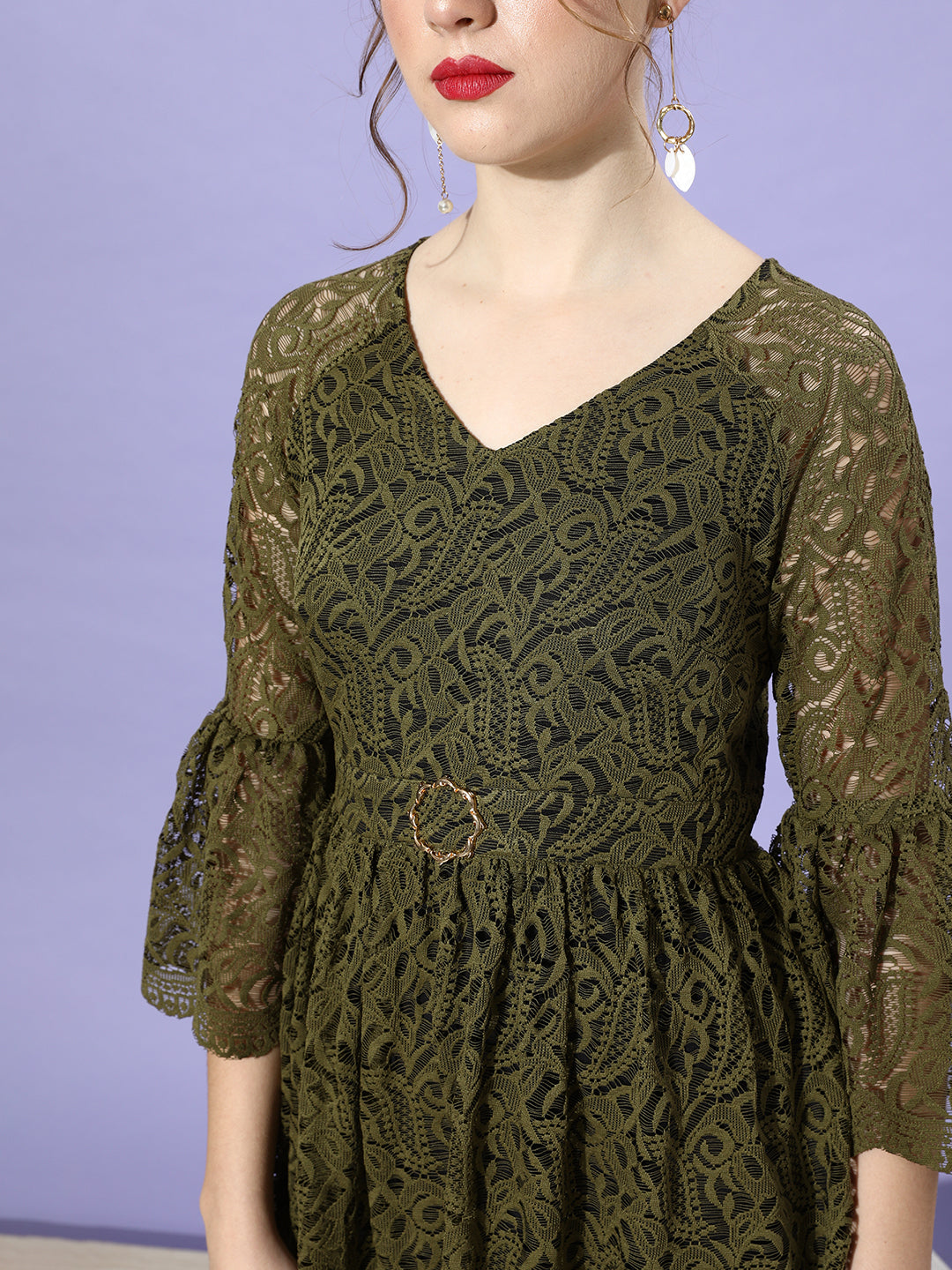 Women's Olive V-Neck Ruffled Sleeve Floral Lace Overlaid Midi Dress