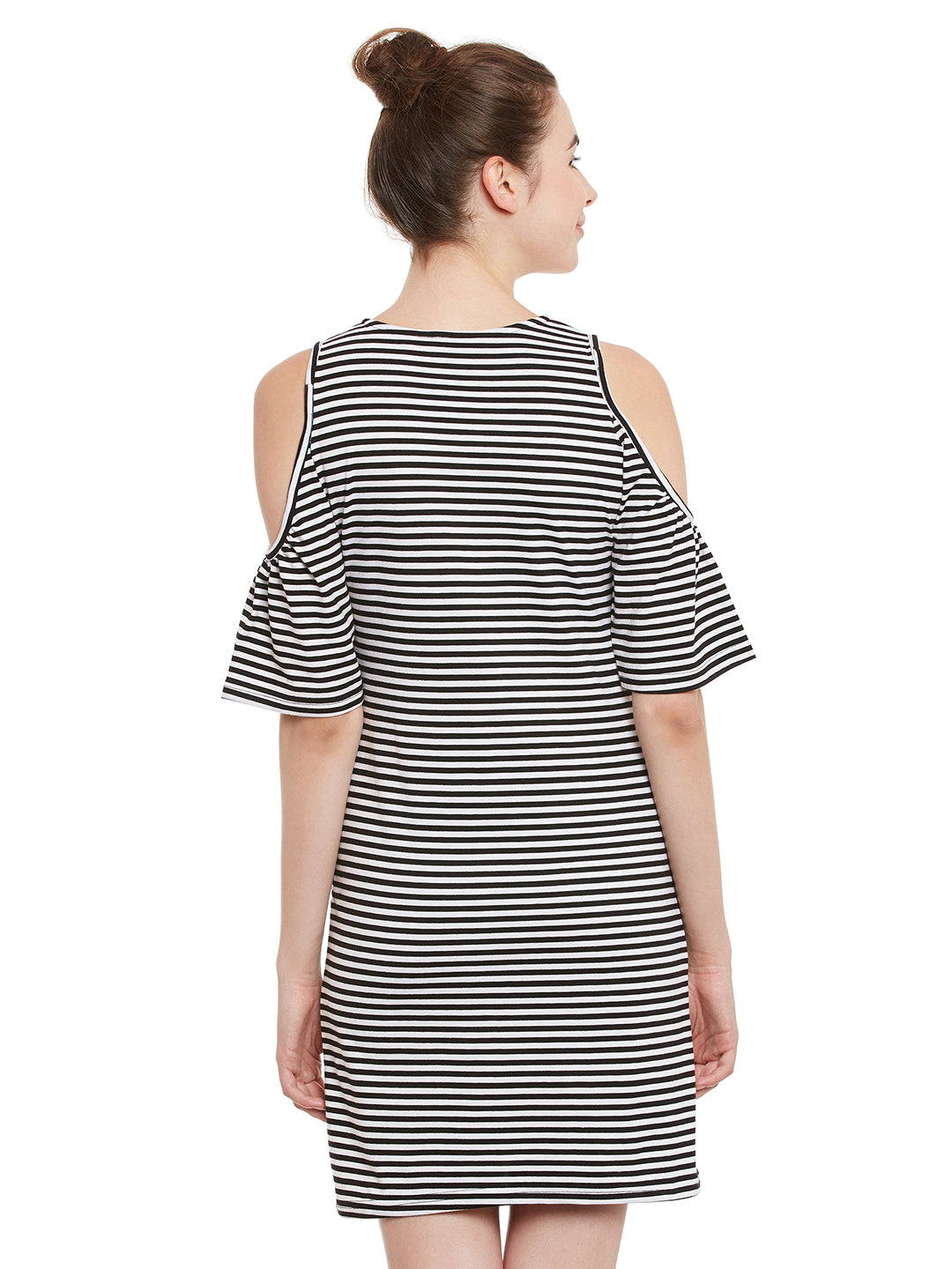 Black and White Round Neck Half Sleeve Striped Mini Shift Dress for Women — Miss Chase