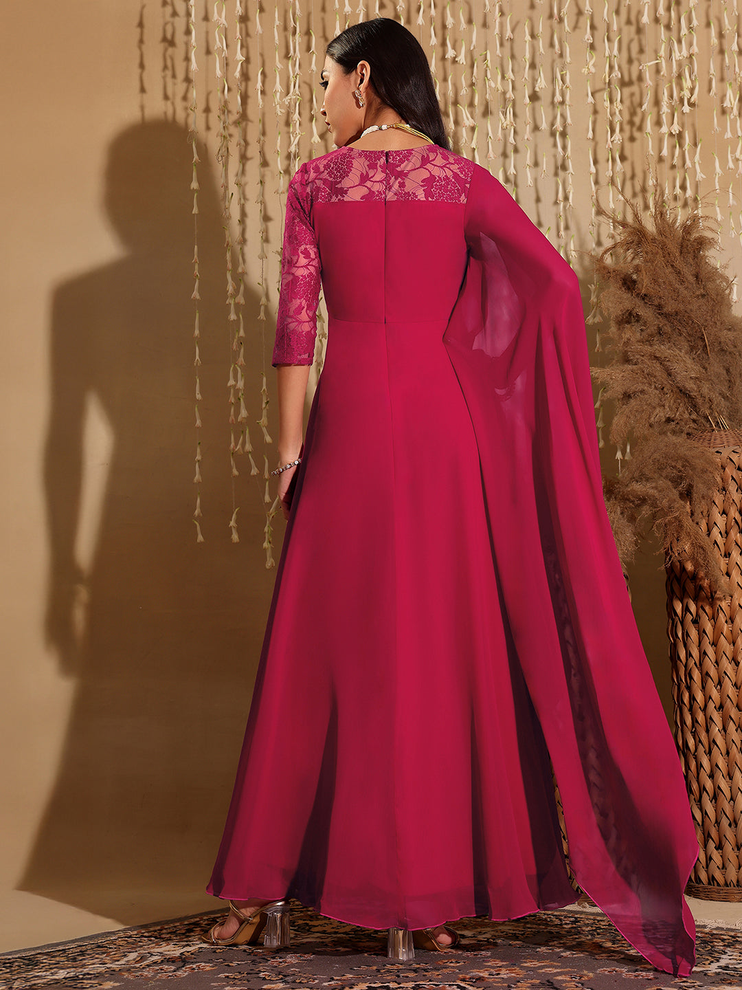 Women's Dark Pink V-Neck Asymmetric Self-Designed Georgette Maxi Dress