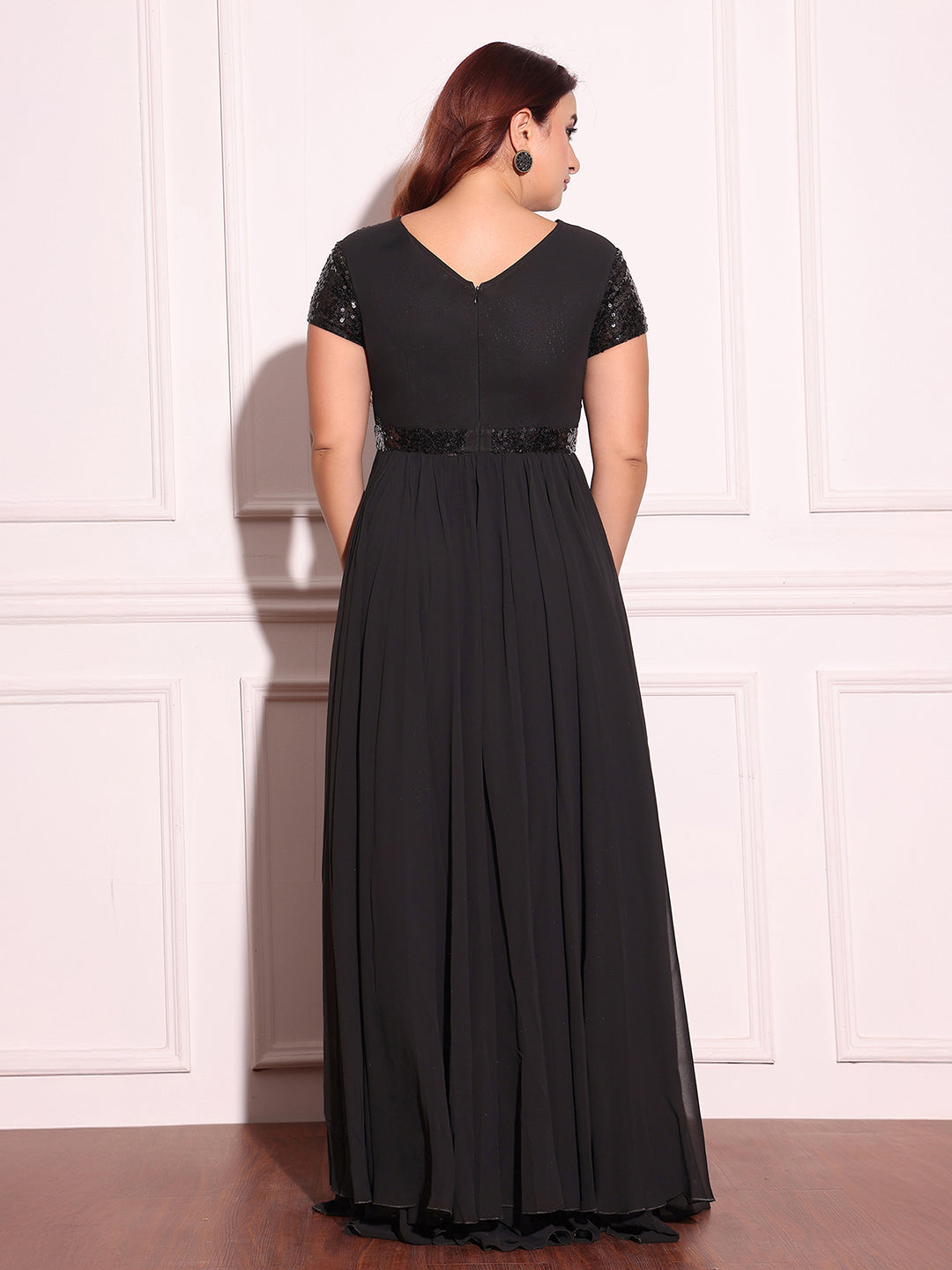 Women's Black Keyhole-Neck Short-Sleeved Embellished Layered Georgette Maxi Dress