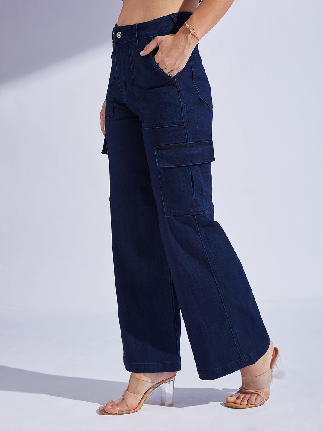 Women's Navy Blue Wide leg High-Rise Stretchable Denim Jeans