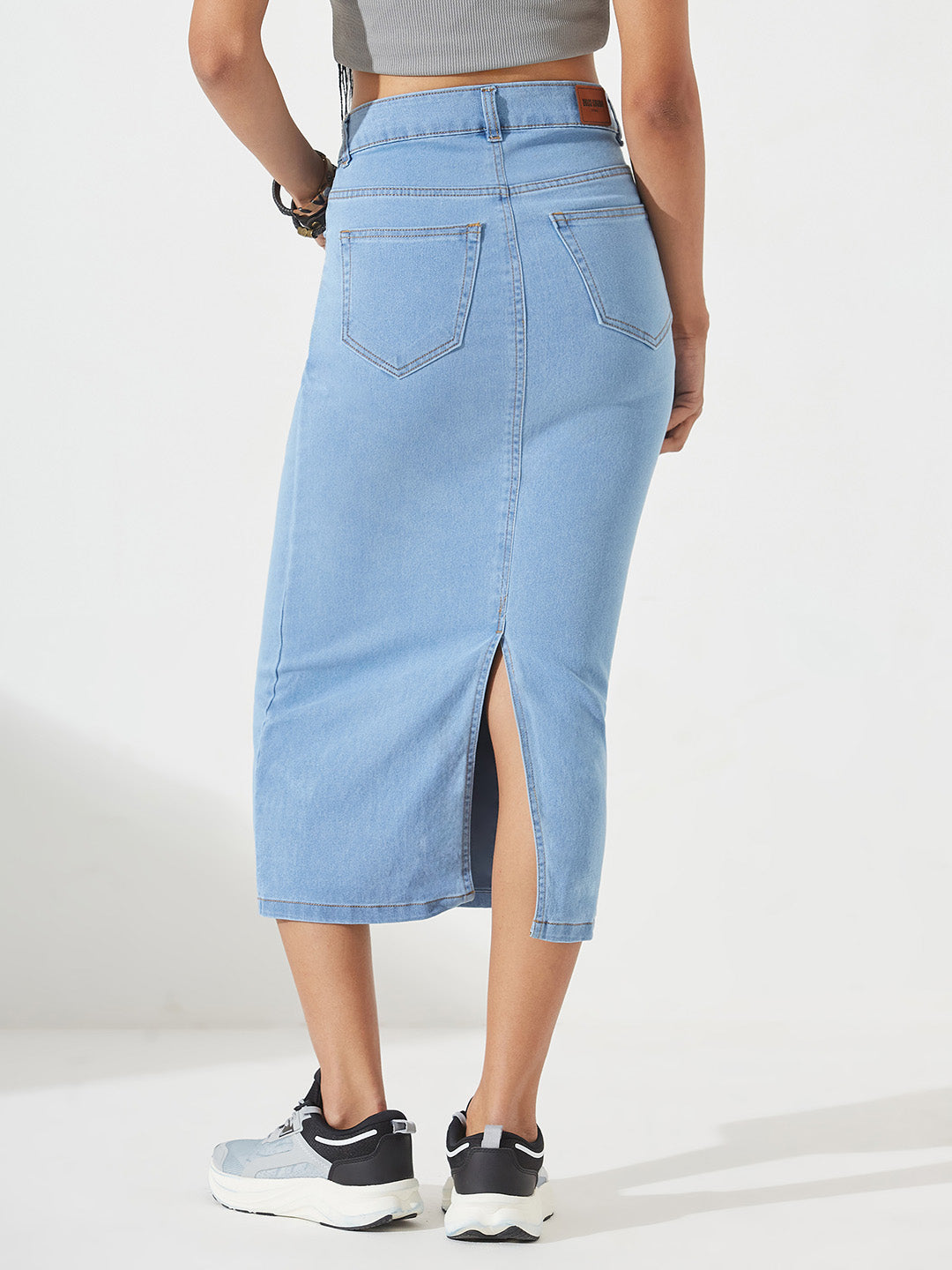 Light Blue Straight High-Rise Midi Stretchable Denim Skirt for Women — Dolce Crudo