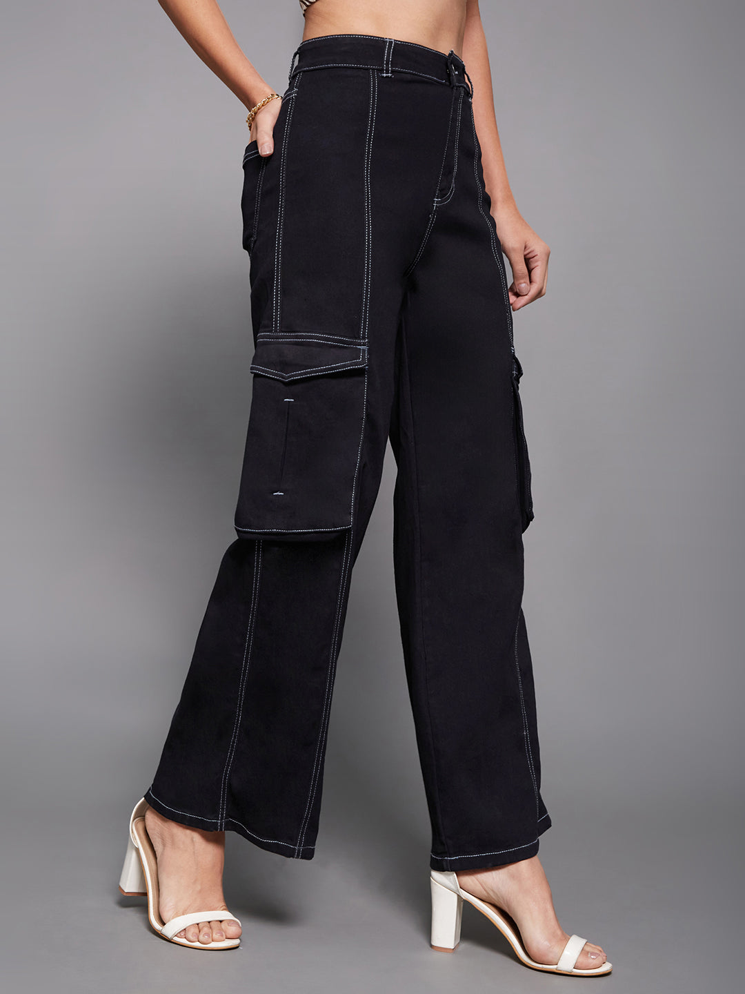 Women's Black Wide-Leg High-Rise Clean-Look Regular-Length Stretchable Patch-Pocketed Denim Jeans