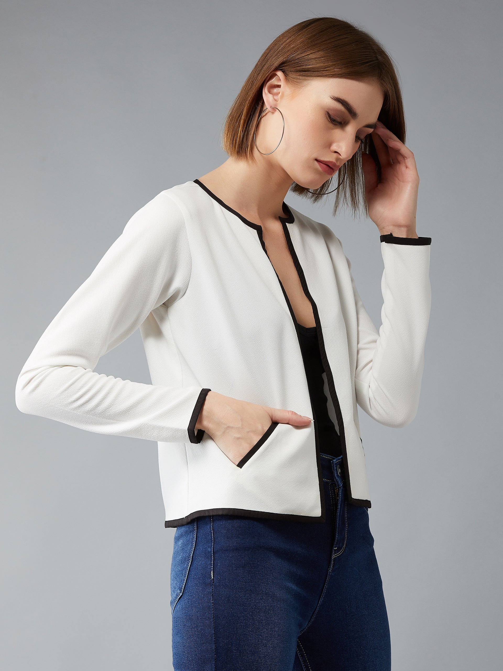 Women's Off-White Round Neck Full Sleeve Solid Contrast Piping Open Front Blazer