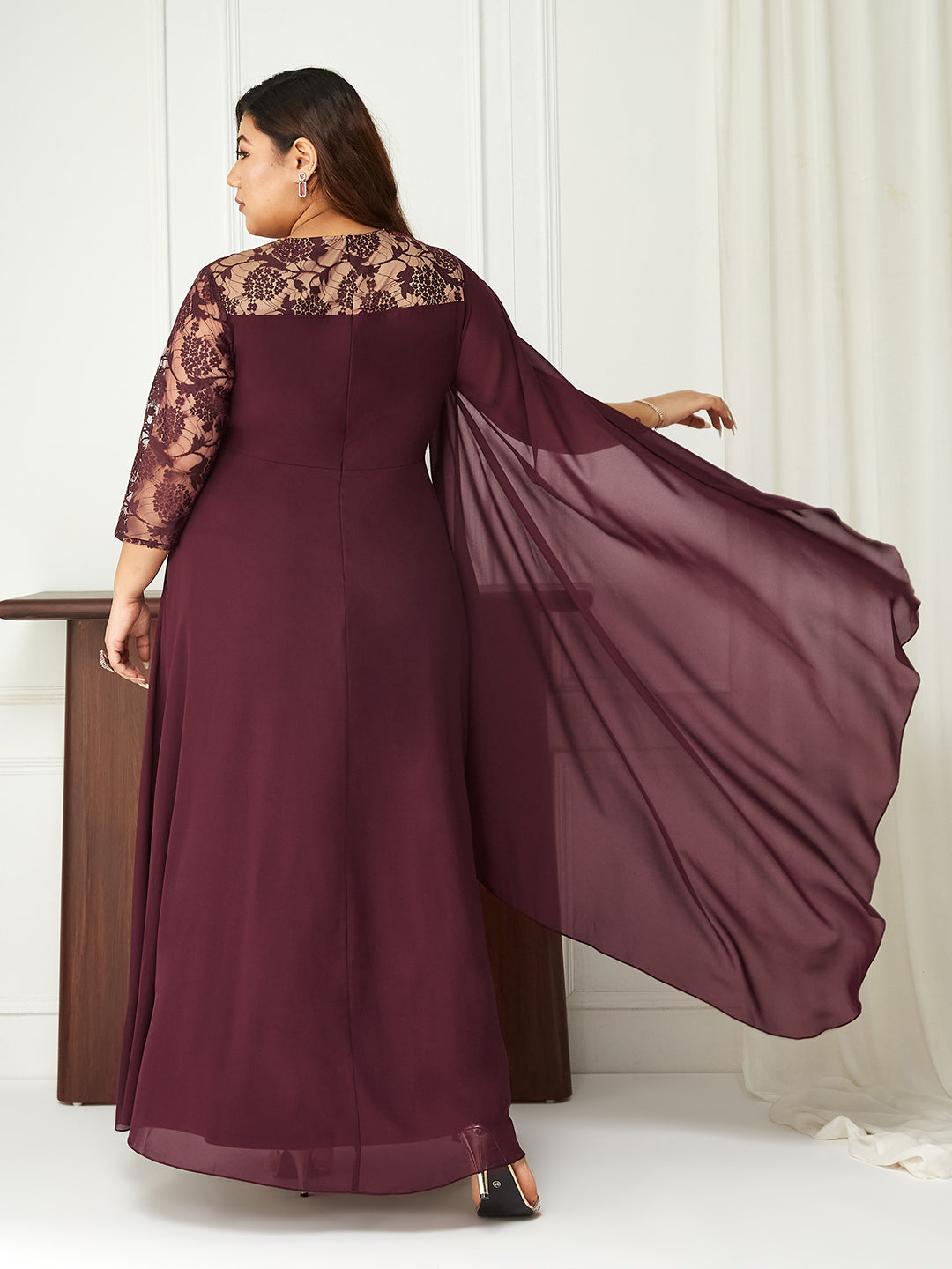 Women's Wine V-Neck Three-Quarter Sleeve Self-Designed Asymmetric Georgette Maxi Dress
