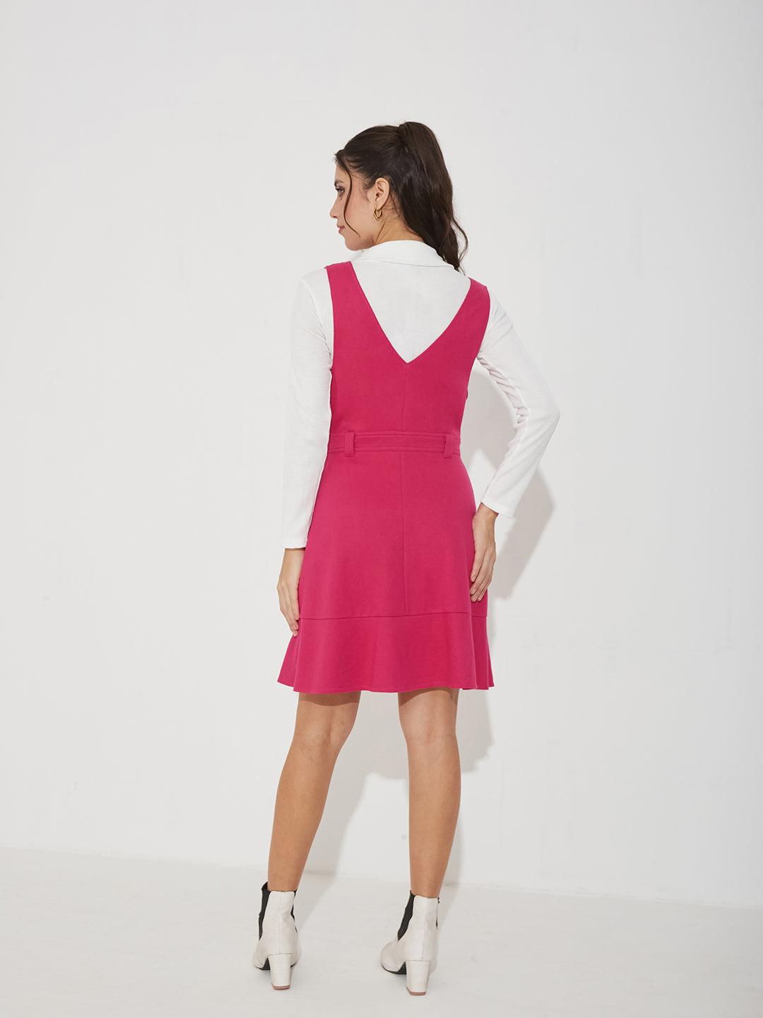 Pink Solid Polyester Pinafore Dress with Zipper Detail and Side Pockets for Women — Miss Chase
