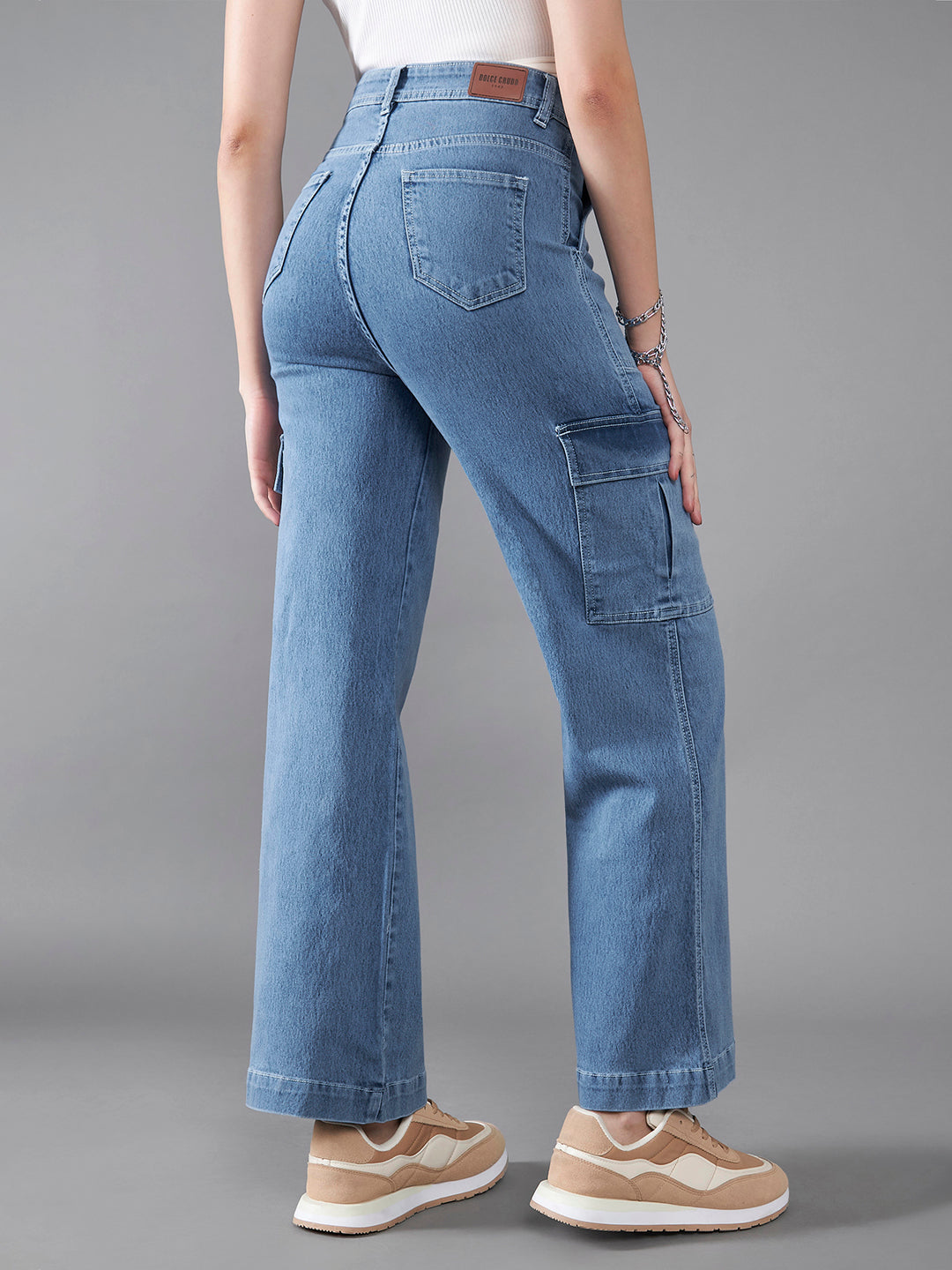 24/7 Comfort Women's Mid Blue Wide Leg High Rise Stretchable Denim Jeans