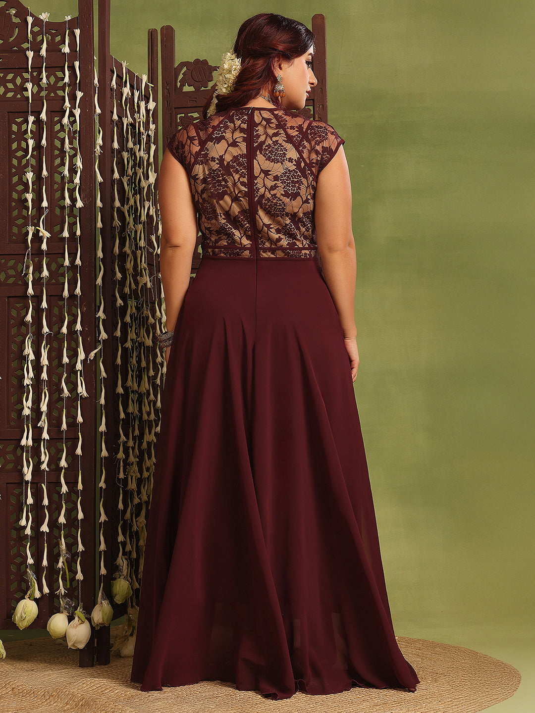 Women's Wine & Beige Floral V-Neck Cap-Sleeves Lace-Overlaid Fit & Flare Paneled Maxi Dress