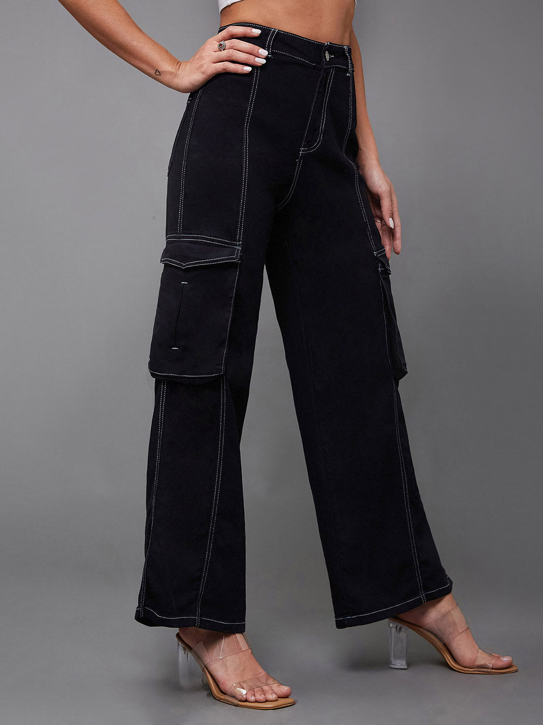 Women's Black Wide-Leg High-Rise Clean-Look Regular-Length Stretchable Patch-Pocketed Denim Jeans