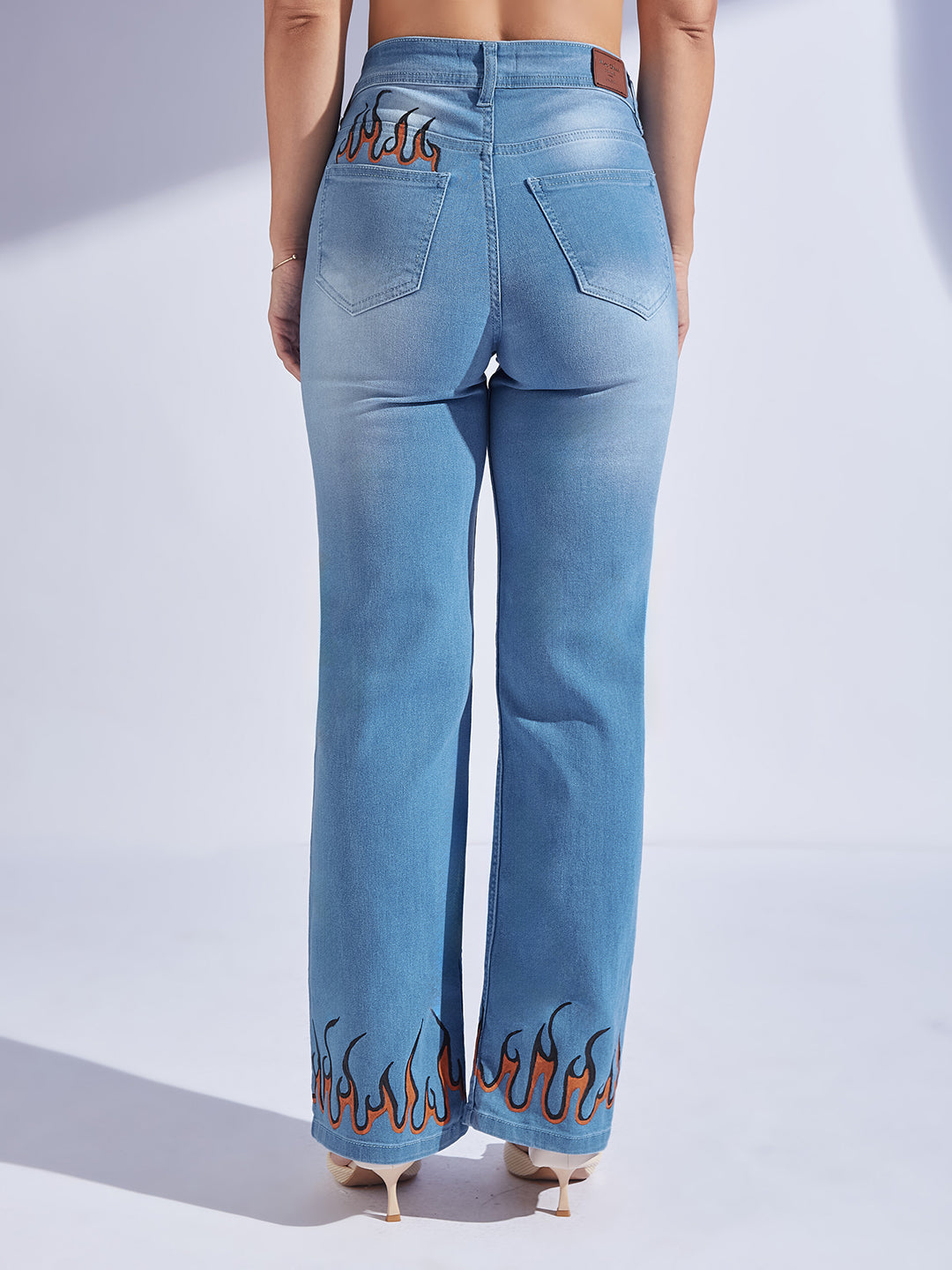 Women's Light Blue Straight Fit Mid-Rise Hand Painted Stretchable Denim Jeans