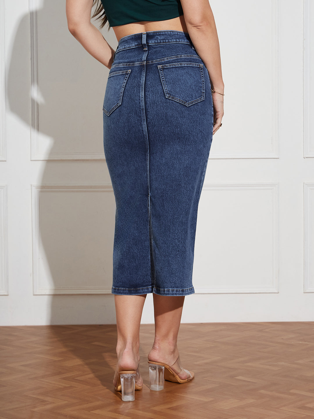Women's Dark Blue High-Rise Stretchable Denim Midi Skirt with Back Slit – Shaping Fit