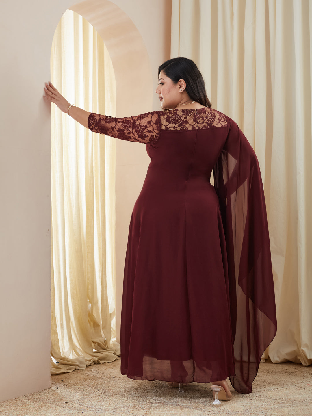 Wine V-Neck Three-Quarter Sleeve Self-Designed Asymmetric Georgette Maxi Dress for Women