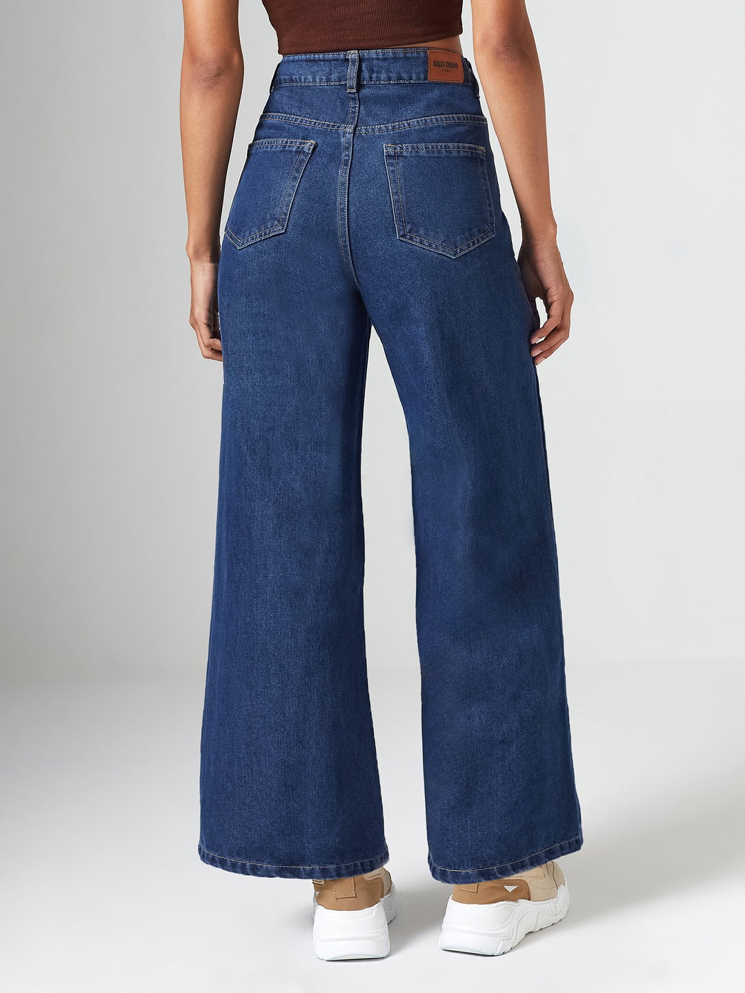 Navy Blue Wide-Leg High-Rise Clean-Look Regular-Length Non-stretchable Denim Jeans for Women
