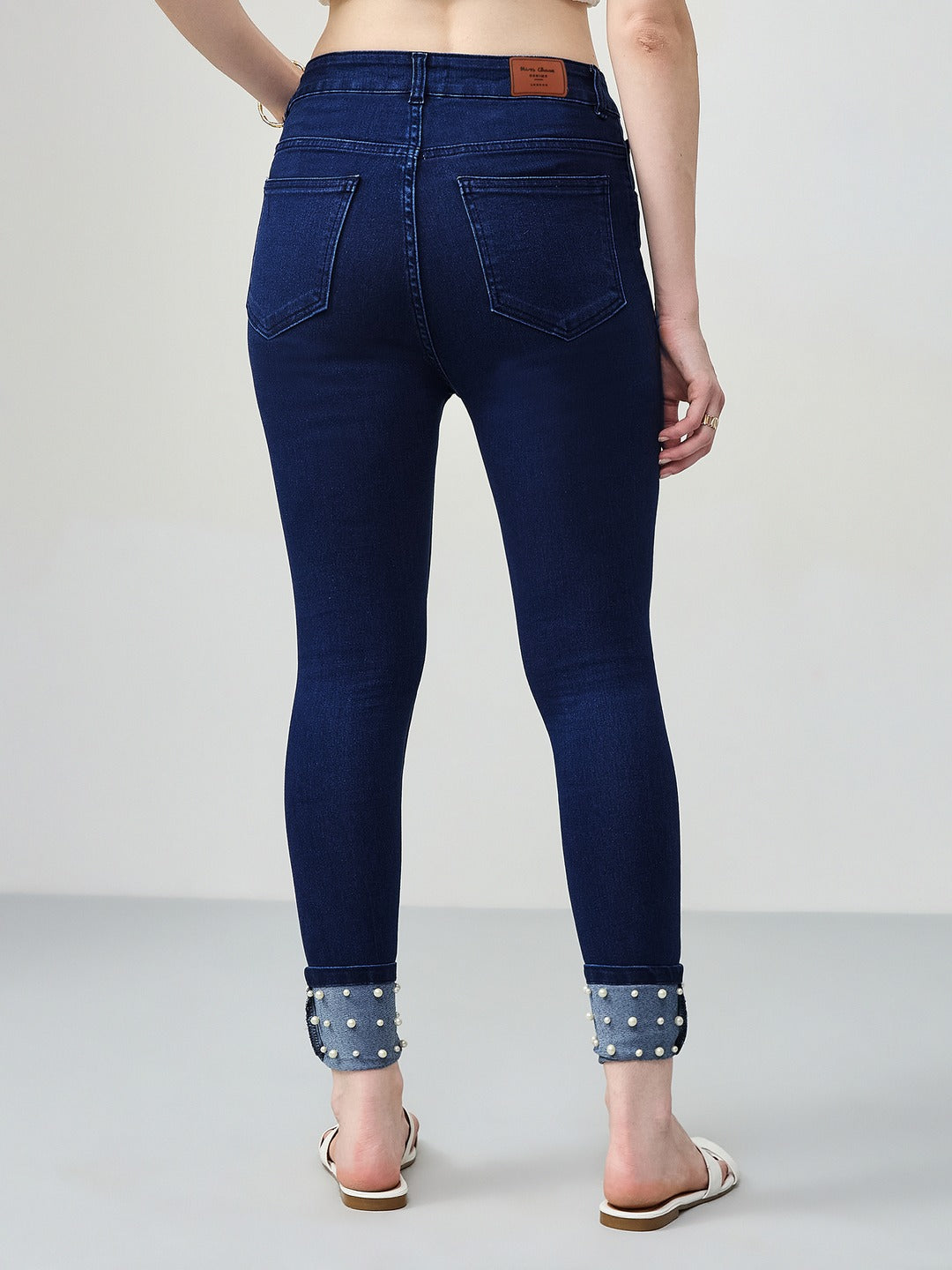 Navy Blue Skinny Fit high-rise Pearl Embellished On The Hem Denim Stretchable Jeans for Women