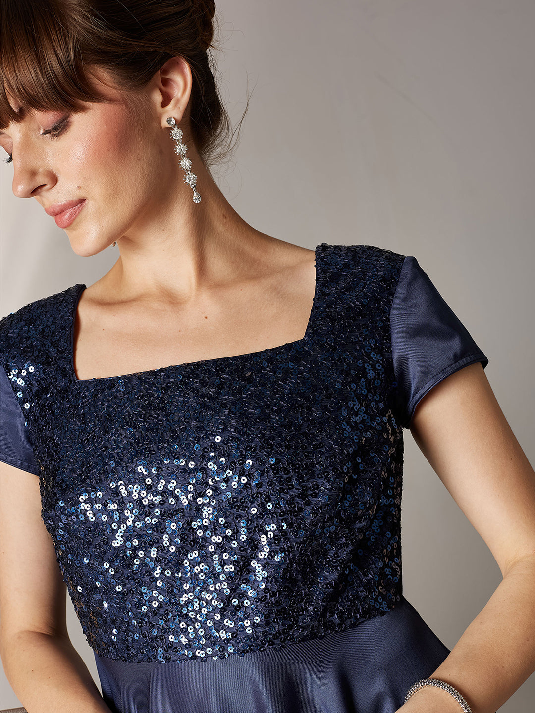 Women's Navy Blue Square Neck Short Sleeve Embellished Polyester Fit & Flare Maxi Dress