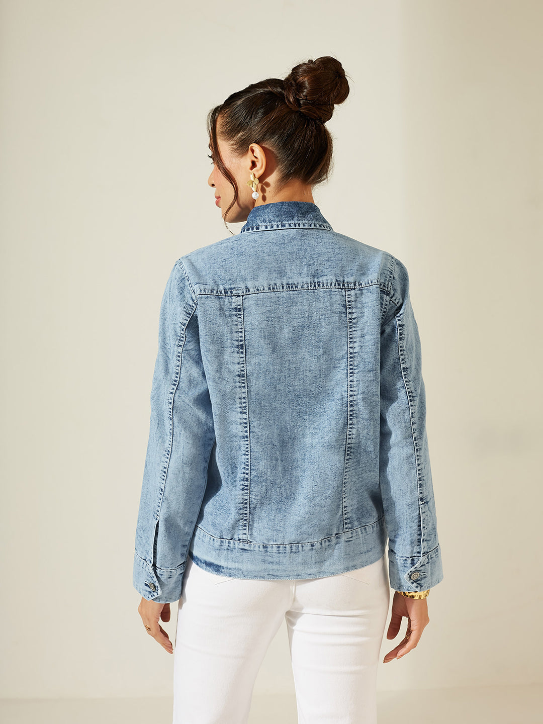 Light Blue Collared Full Sleeves Denim Jacket with Tonal Threadwork Delicate Floral Embroidery for Women — Miss Chase