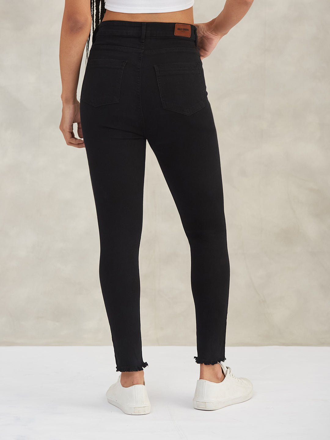 Women's Black Skinny Fringe-Detailing High-Rise Solid Cropped Stretchable Denim Jeans