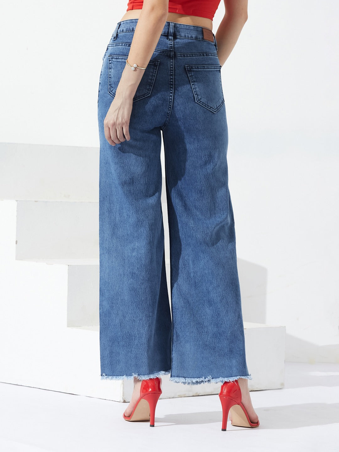 Mid-Blue Wide-Leg high-rise Stretchable Denim Jeans for Women