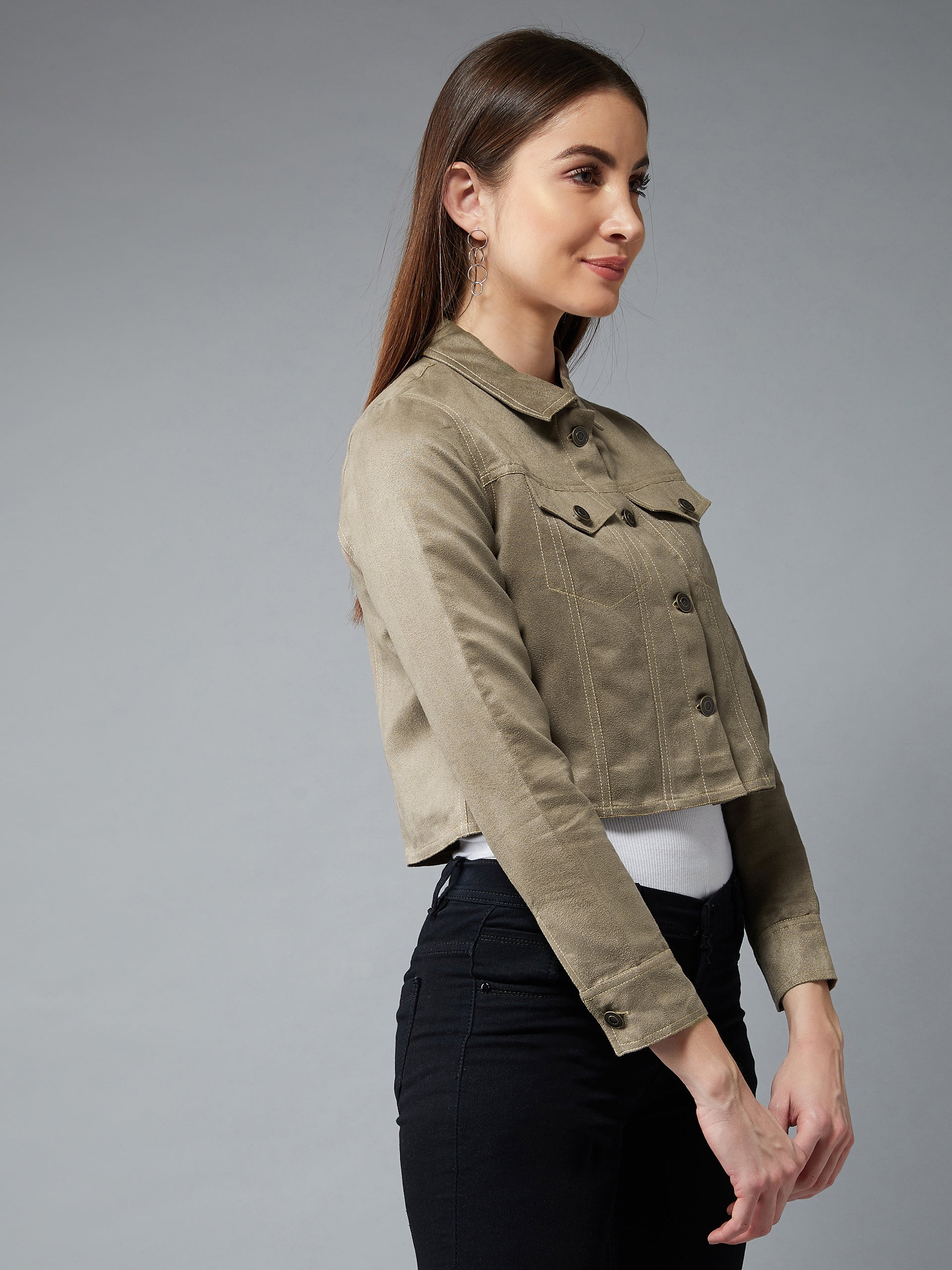 Women's Olive Green Collared Full Sleeves Paneled Cropped Jacket