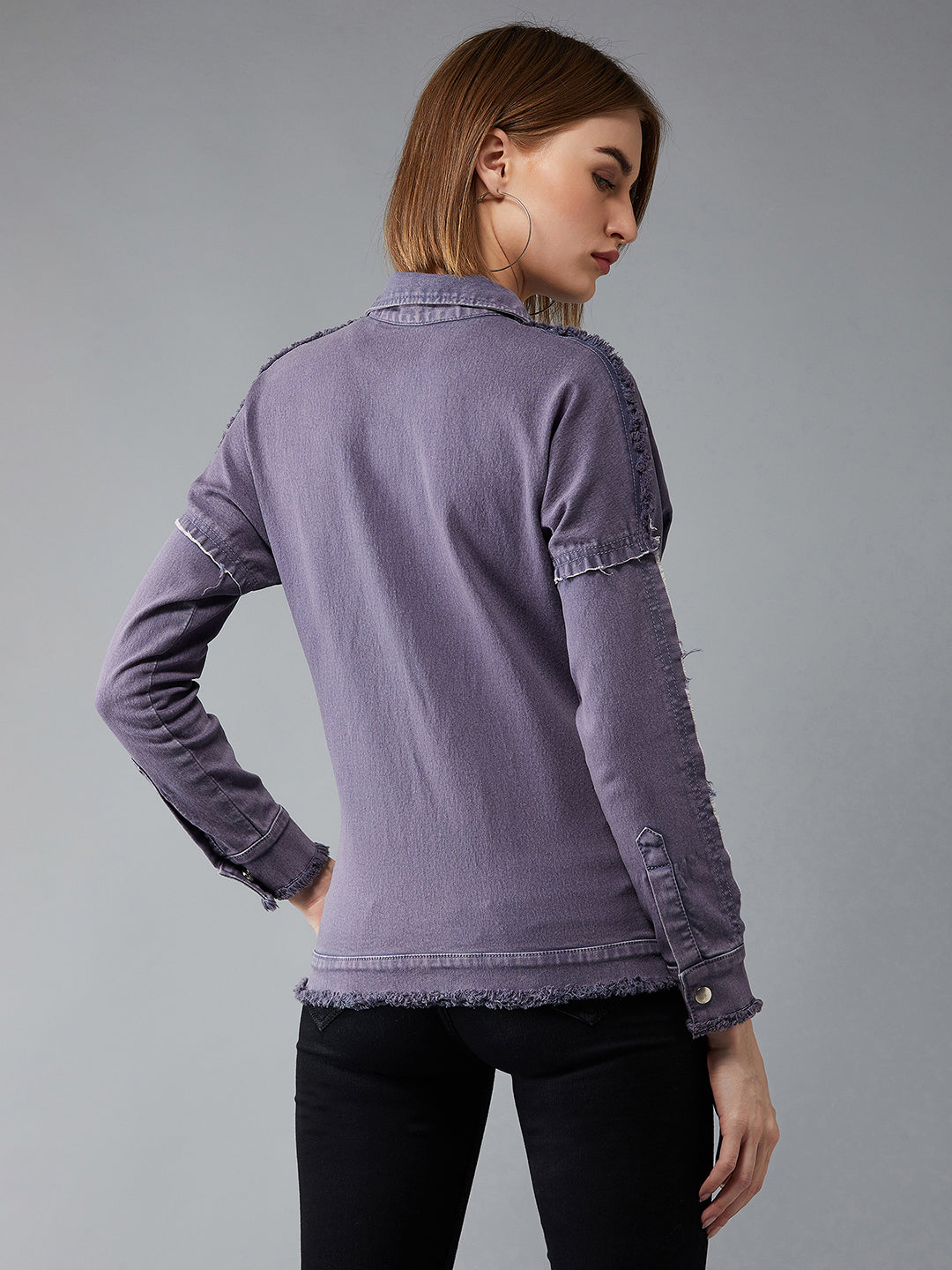 Women's Lilac Polo Neck Full Sleeves Denim Bomber Regular Length Jacket