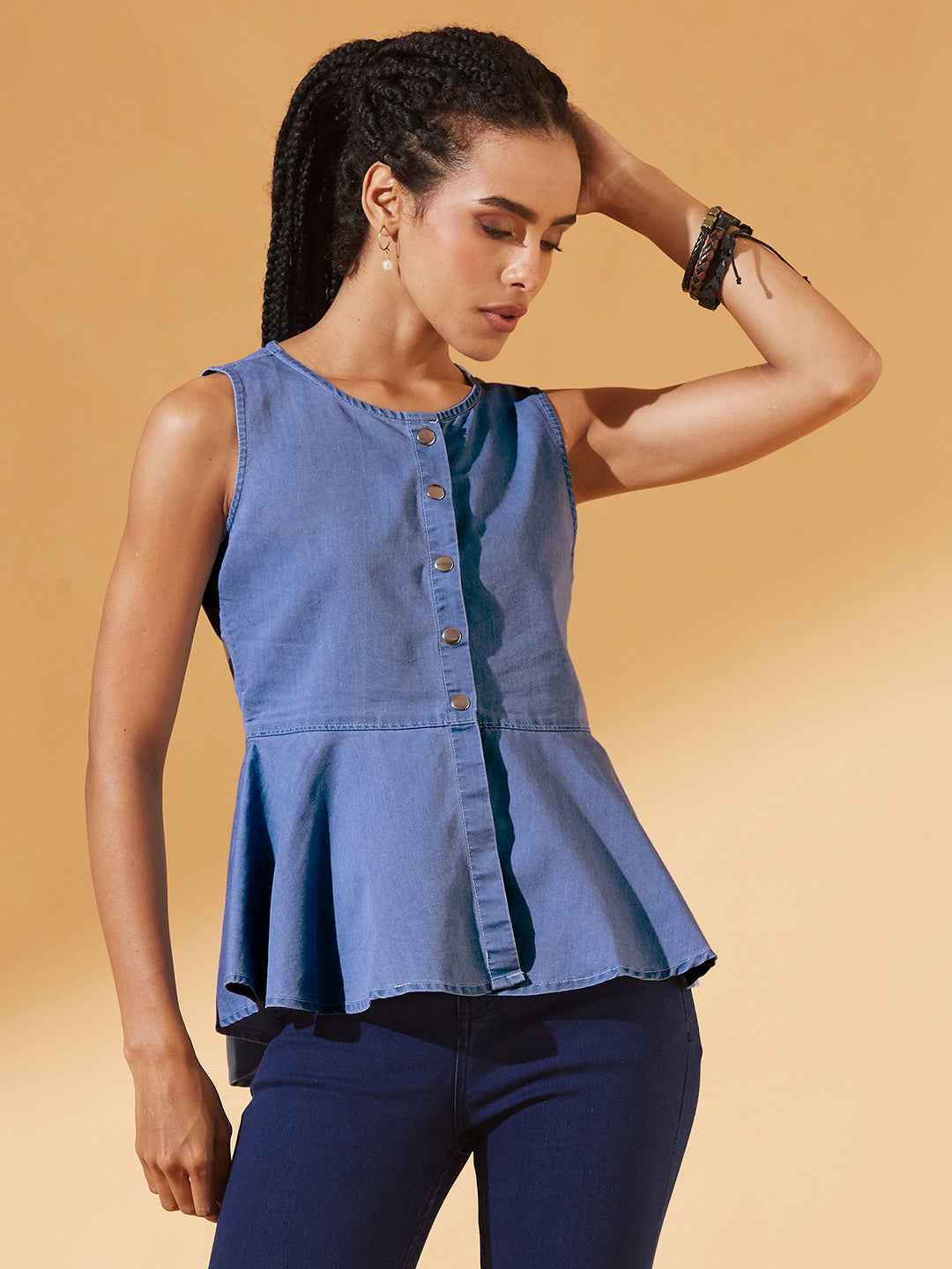 Blue Round Neck Sleeveless Denim Front Open Solid Hooded Peplum Top for Women