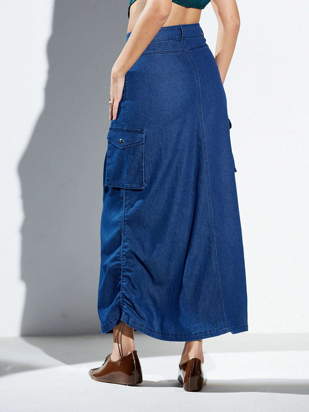 Navy Blue Baggy High-Rise Ruched Parachute Stretchable Denim Midi Skirt For Women