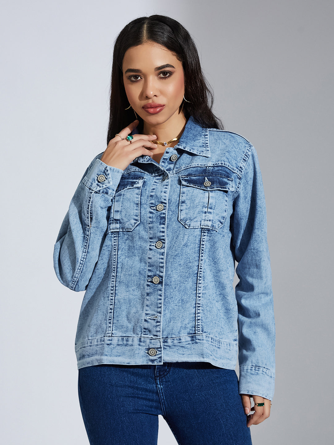 Women's Light Blue Collared Full Sleeve Solid Embellished Regular Length Denim Jacket