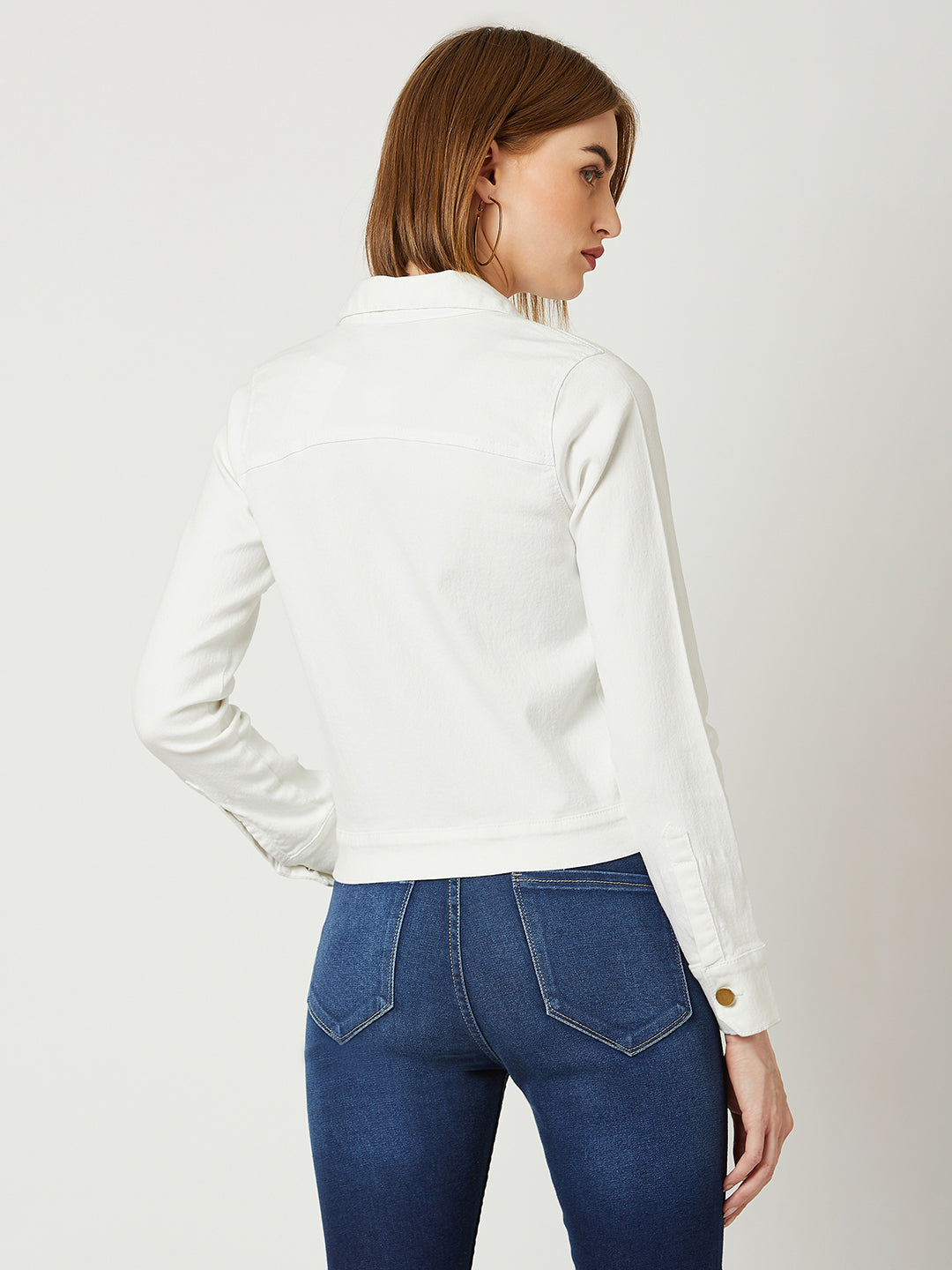 Women's White Polo Neck Full Sleeves Denim Solid Cropped Jacket