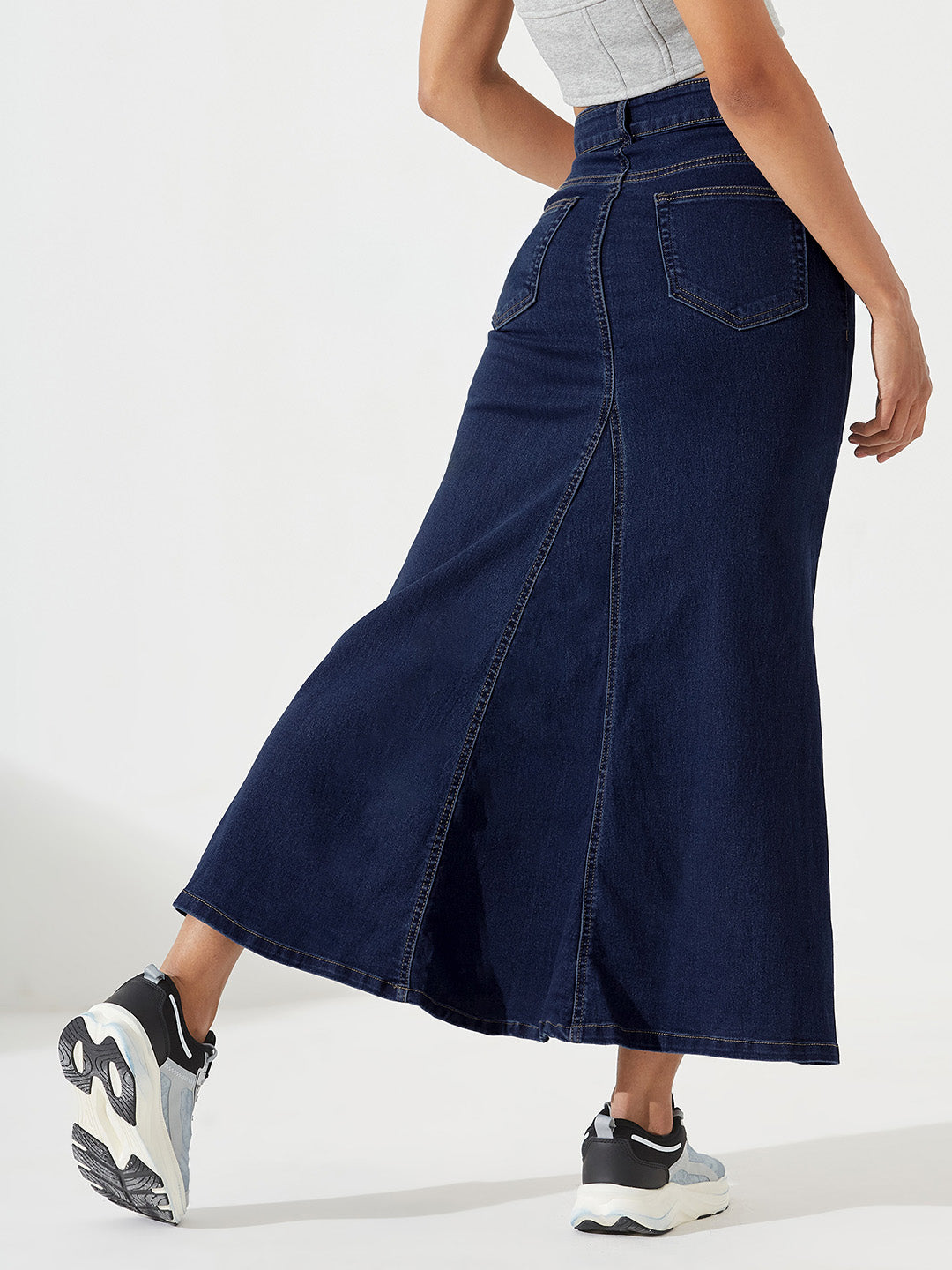 Dark Blue Flared High-Rise Clean-Look Stretchable Denim Maxi Skirt for Women