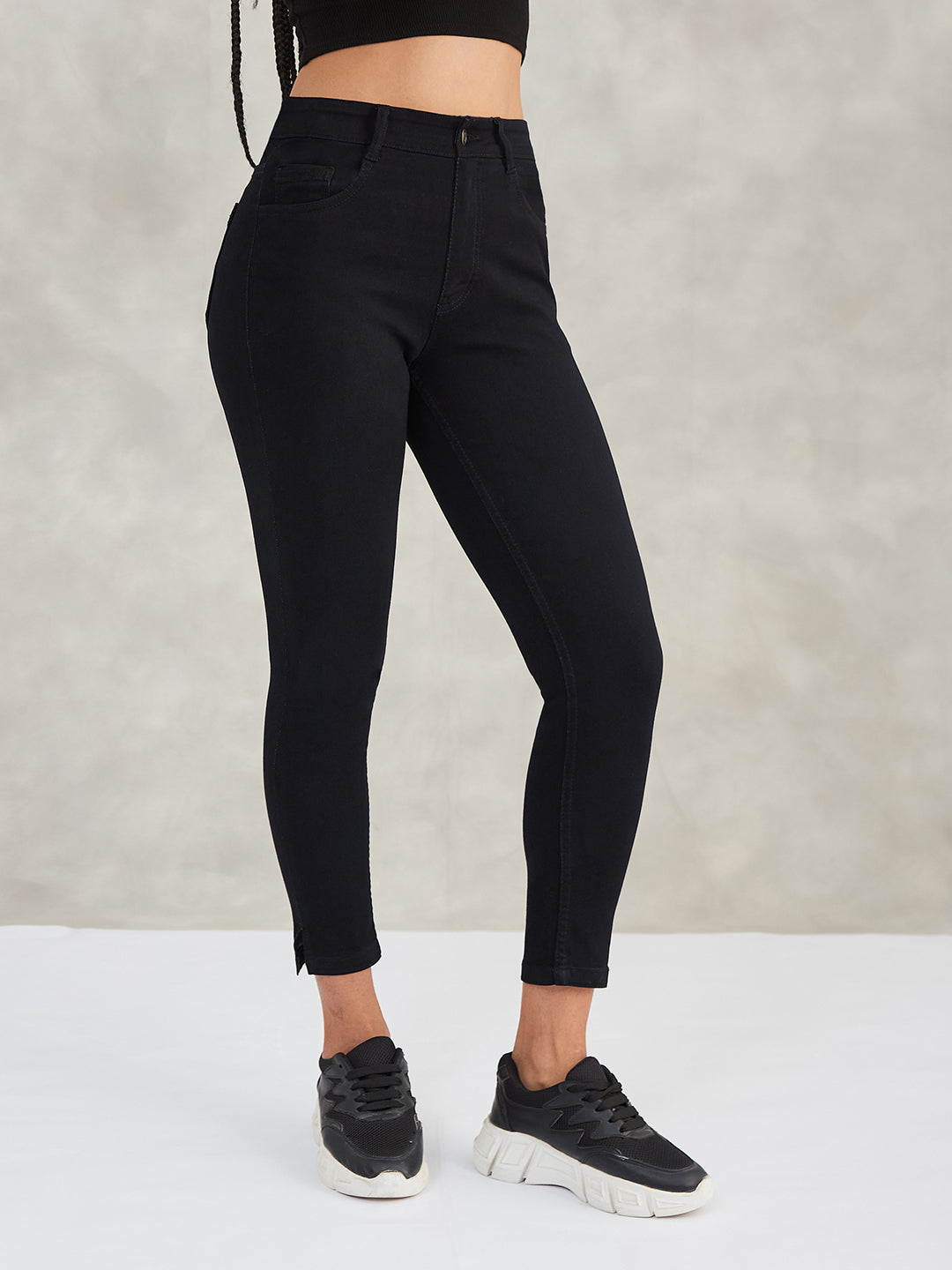 Women's Black Skinny High Rise Clean Look Cropped Stretchable Denim Jeans