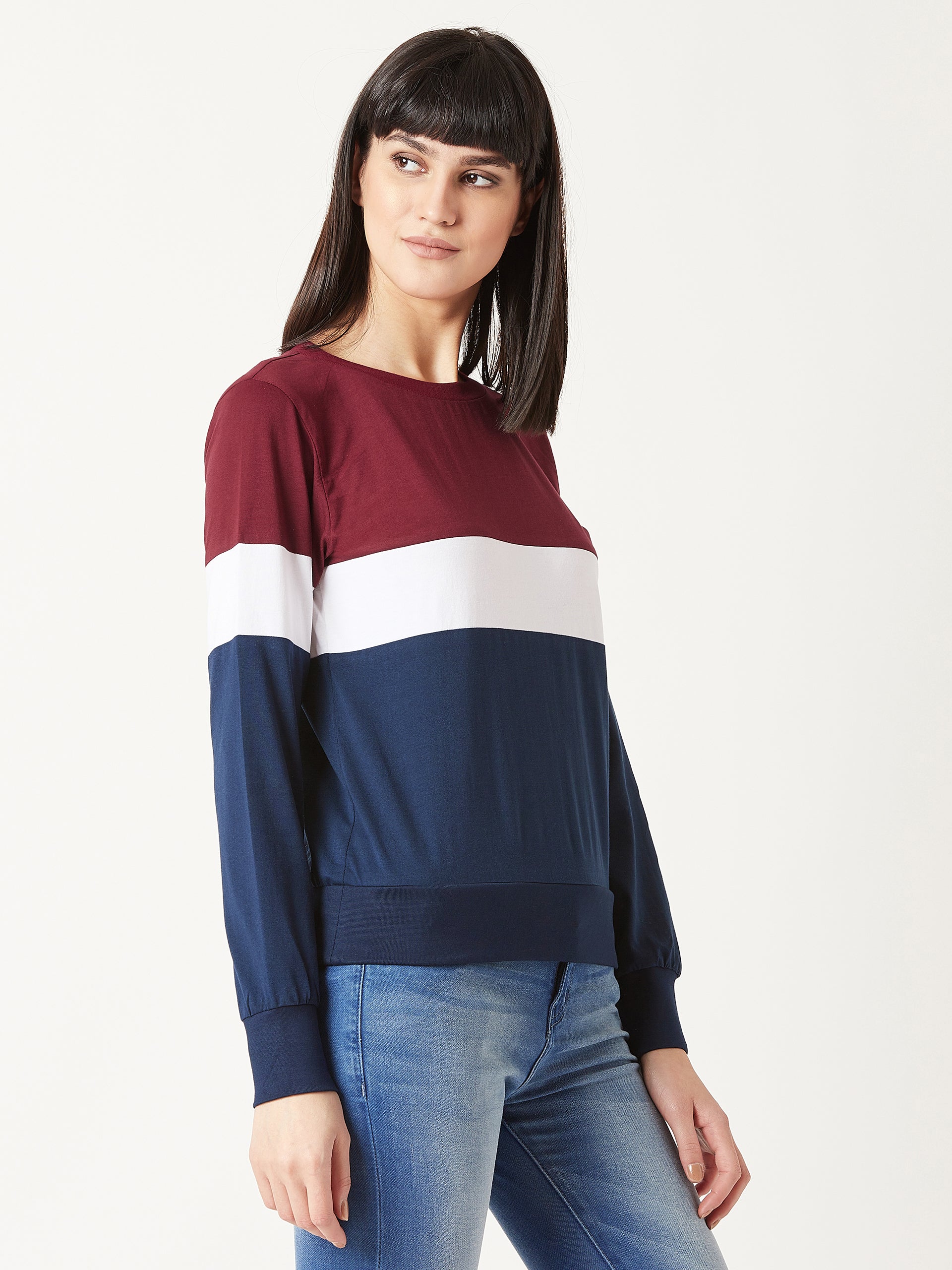 Women's Multicolored With A Navy Blue Base Round Neck Full Sleeves Cotton Solid Boxy Paneled Color block Sweatshirt