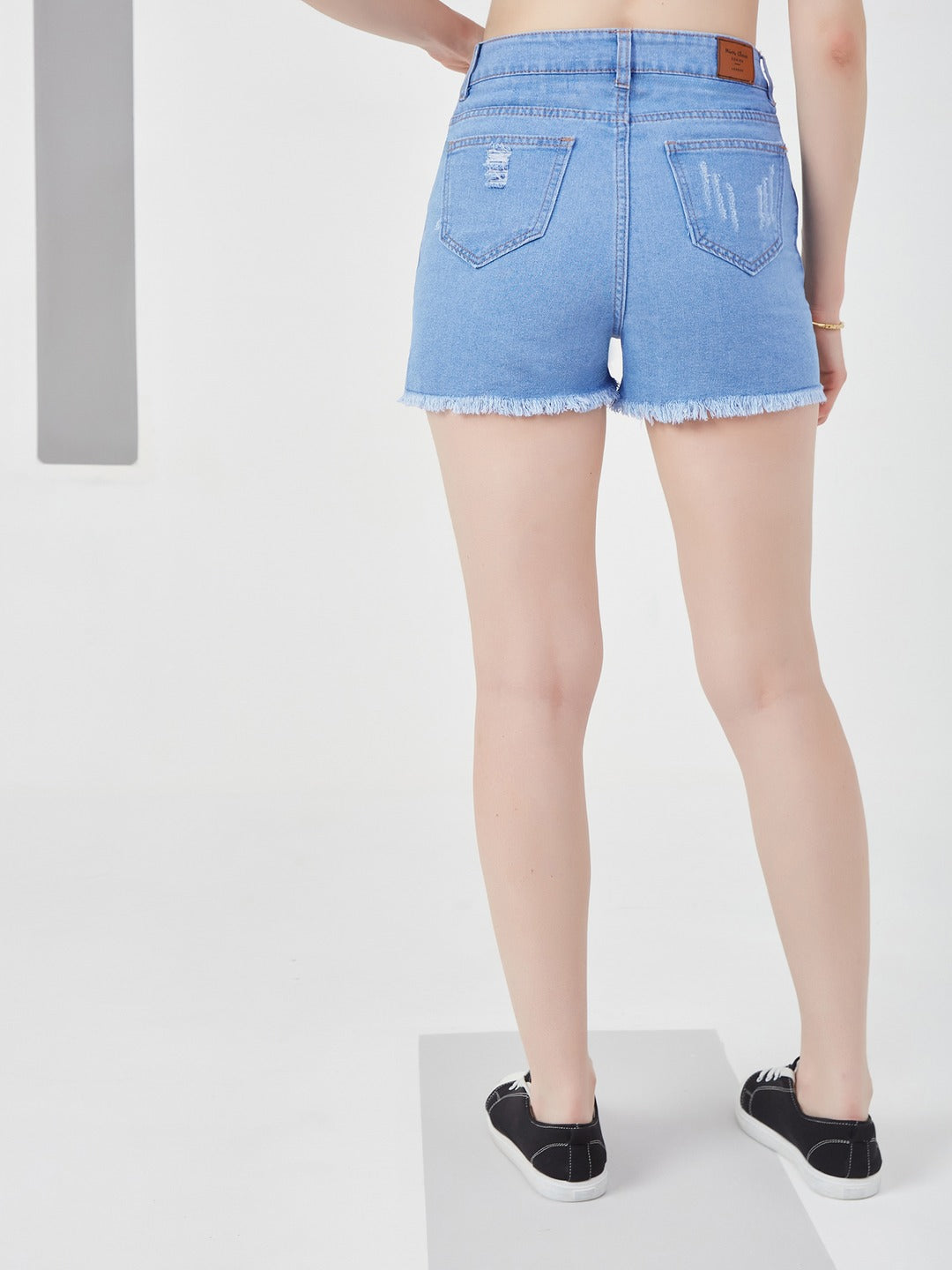 Blue Relaxed Mid Rise High Distress Regular Non Stretchable Denim Shorts for Women