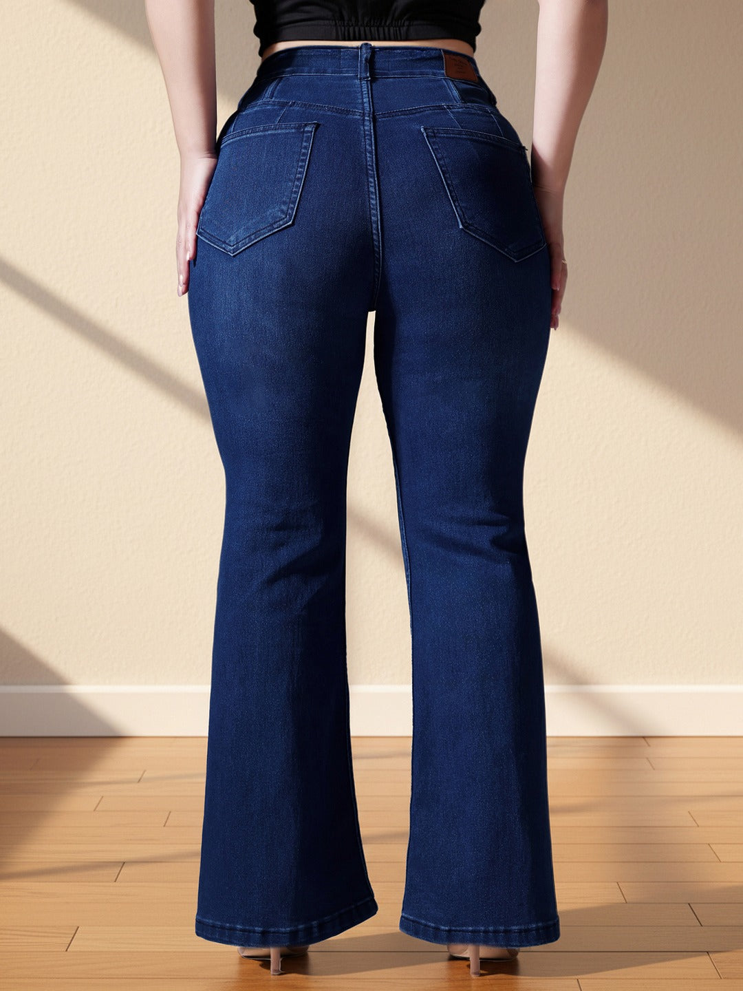 Mid Blue Wide-Leg High-Rise Stretchable Denim Jeans for Women