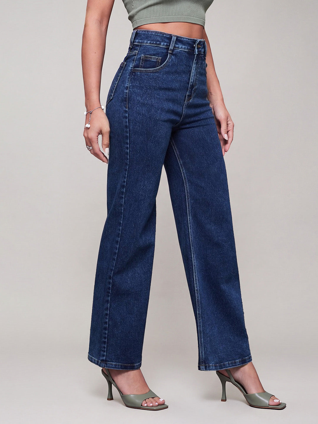 Mid Blue Wide-Leg High-Rise Stretchable Denim Jeans for Women