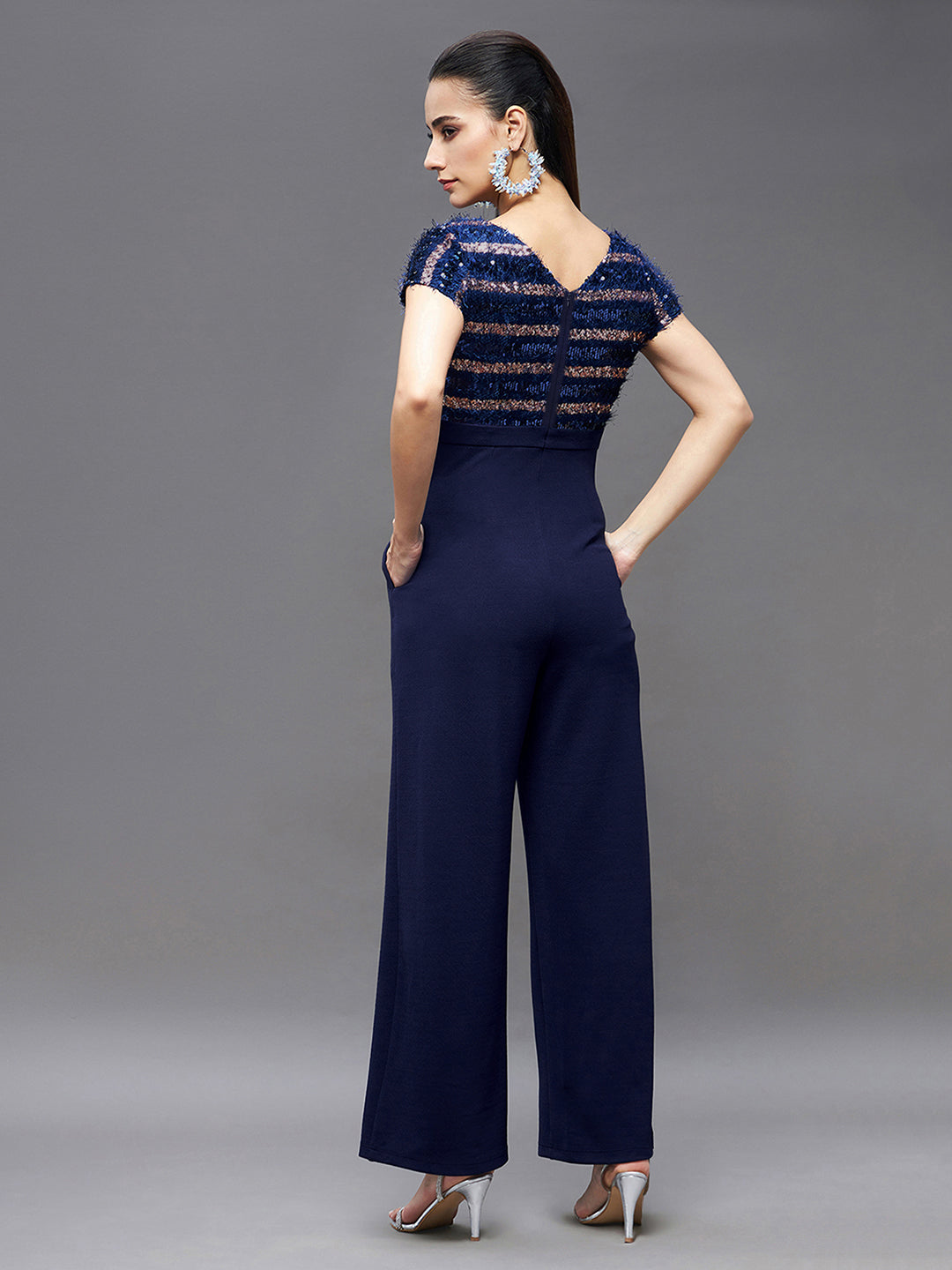 Crease Ease Women's Navy Blue Round Neck Short Sleeve Embellished Front Slit Fringed Regular Jumpsuit