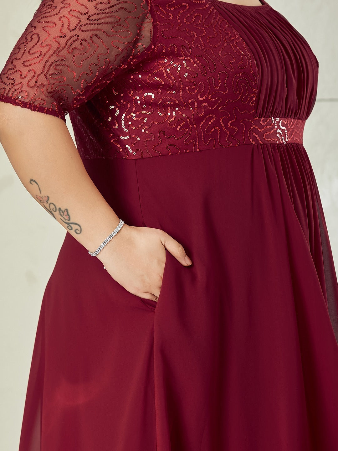 Maroon Square Neck Half Sleeve Solid Embellished Maxi Dress for Women