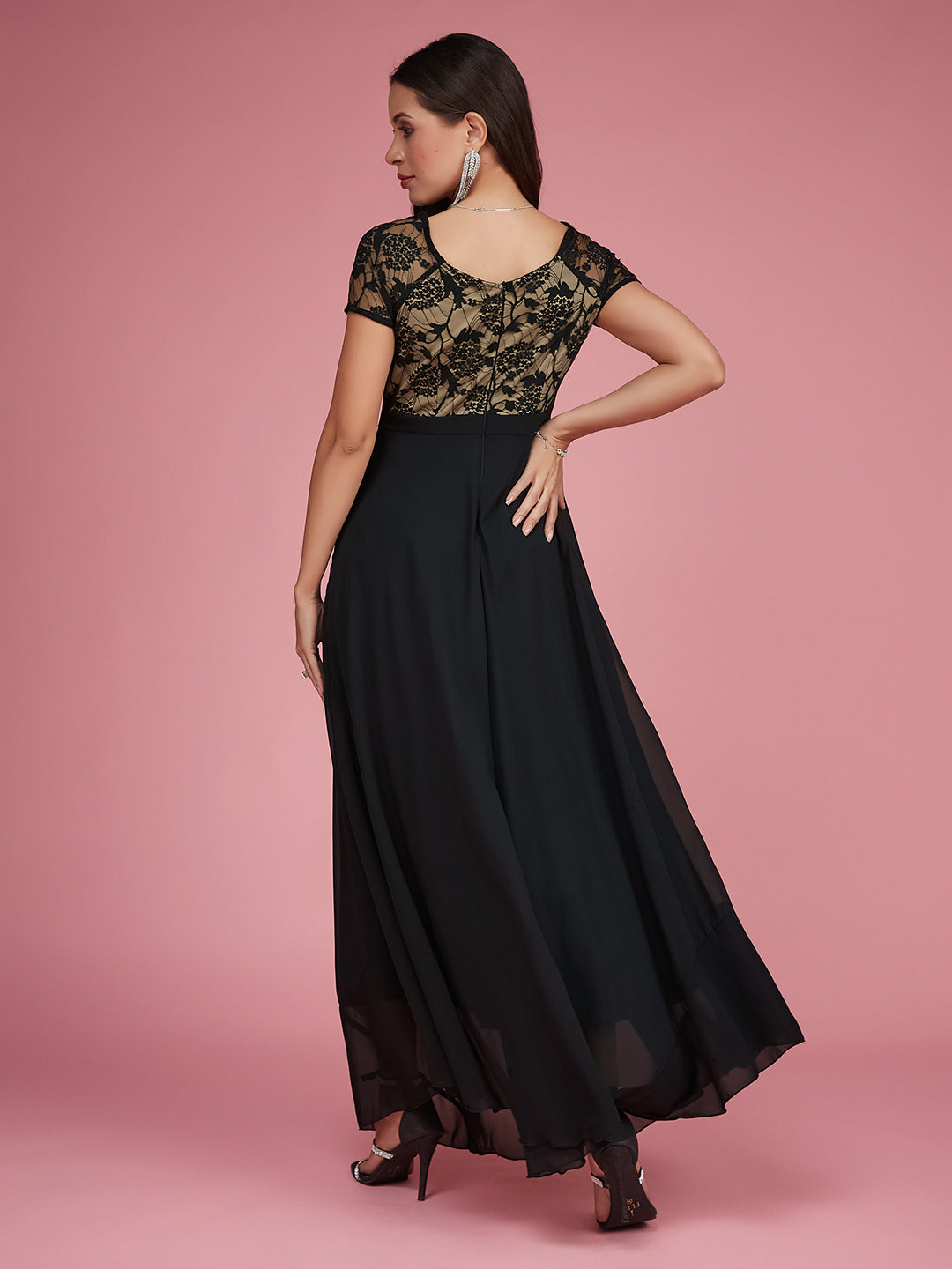 Women's Black Square Neck Raglan Short Sleeve Self Design Lace Overlaid Georgette Maxi Dress