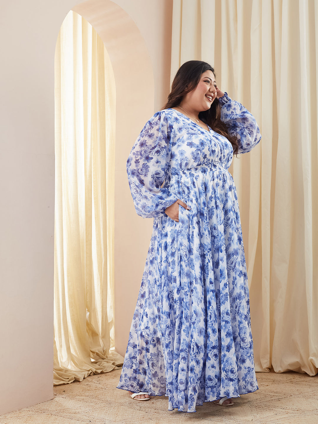 Multicolored Base White V-Neck Full Sleeve Floral Gathered Chiffon Maxi Dress for Women