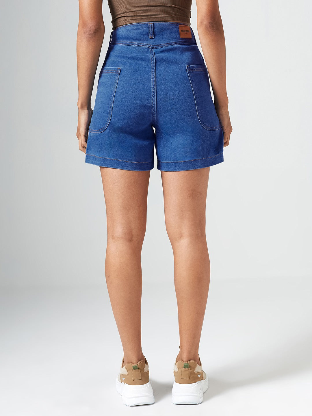 Relaxed-Fit Mid-Rise Clean-Look Stretchable Blue Denim Bermuda Shorts for Women