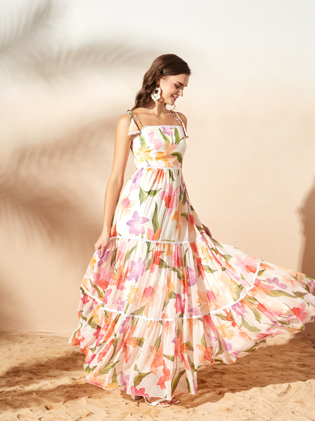 Green & Orange Shoulder Tie-Up Floral Tiered Maxi Chiffon Dress for Women