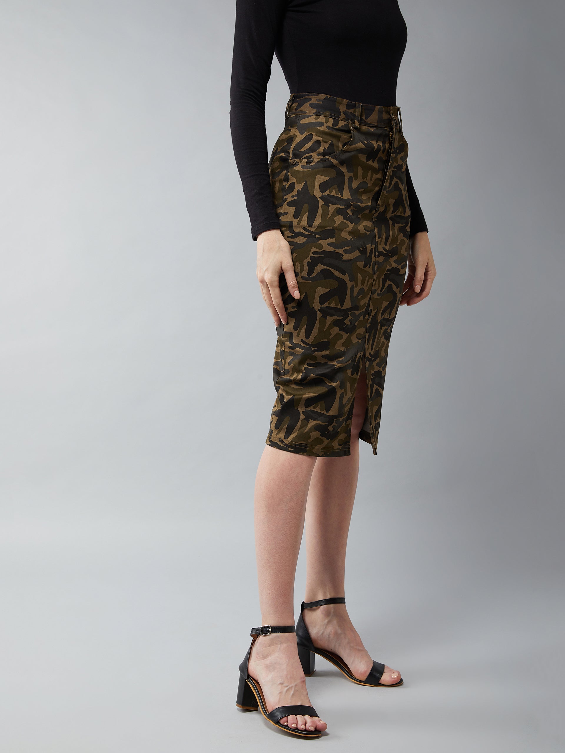 Women's Multicolor- Base Olive Green Cotton Printed Bodycon Midi Skirt