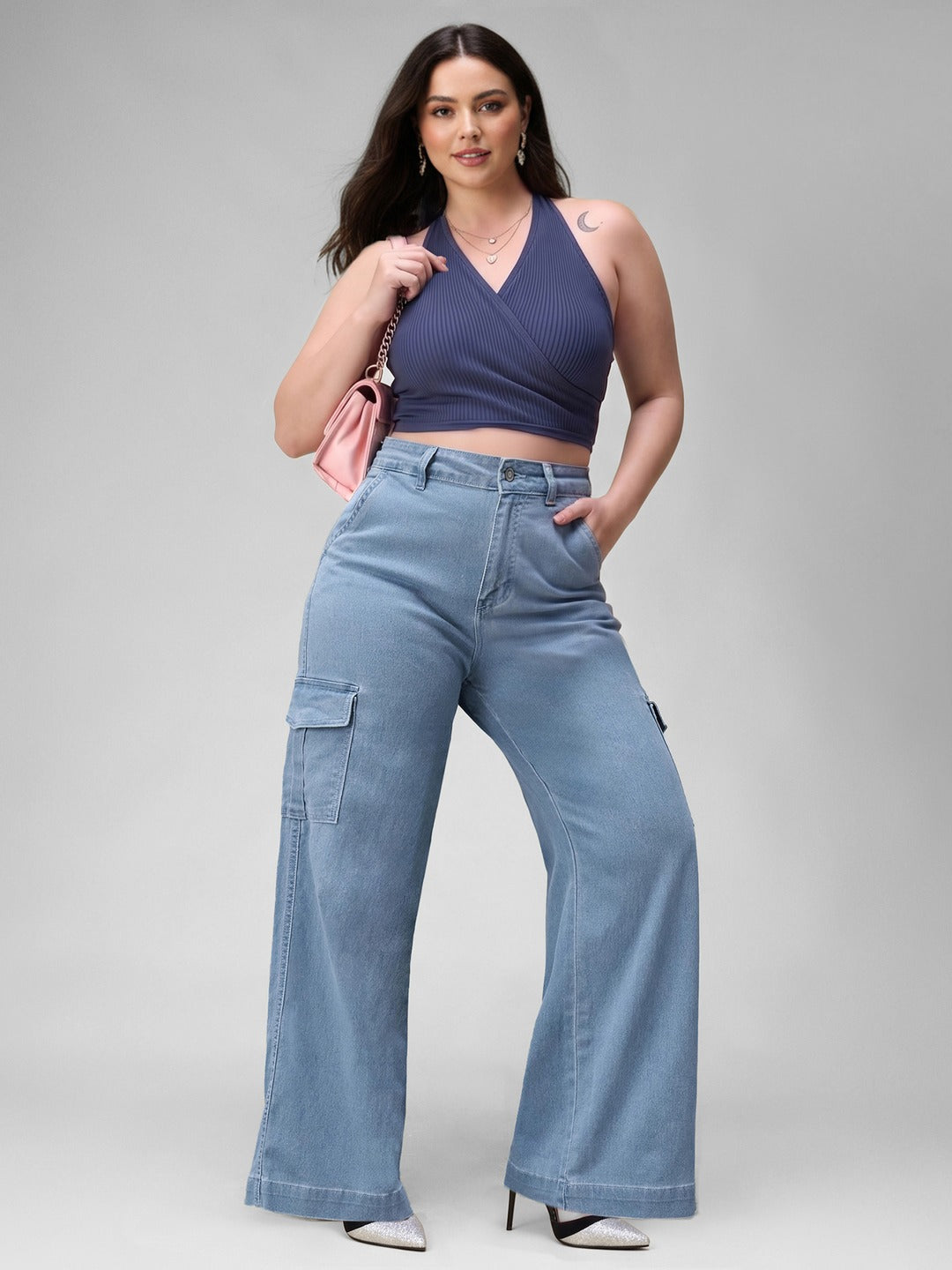 Blue Wide leg High rise Regular Stretchable Denim Jeans for Women