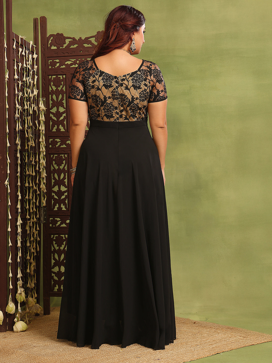 Women's Black Square Neck Raglan Short-Sleeved Self-Design Lace-Overlaid Georgette Maxi Dress