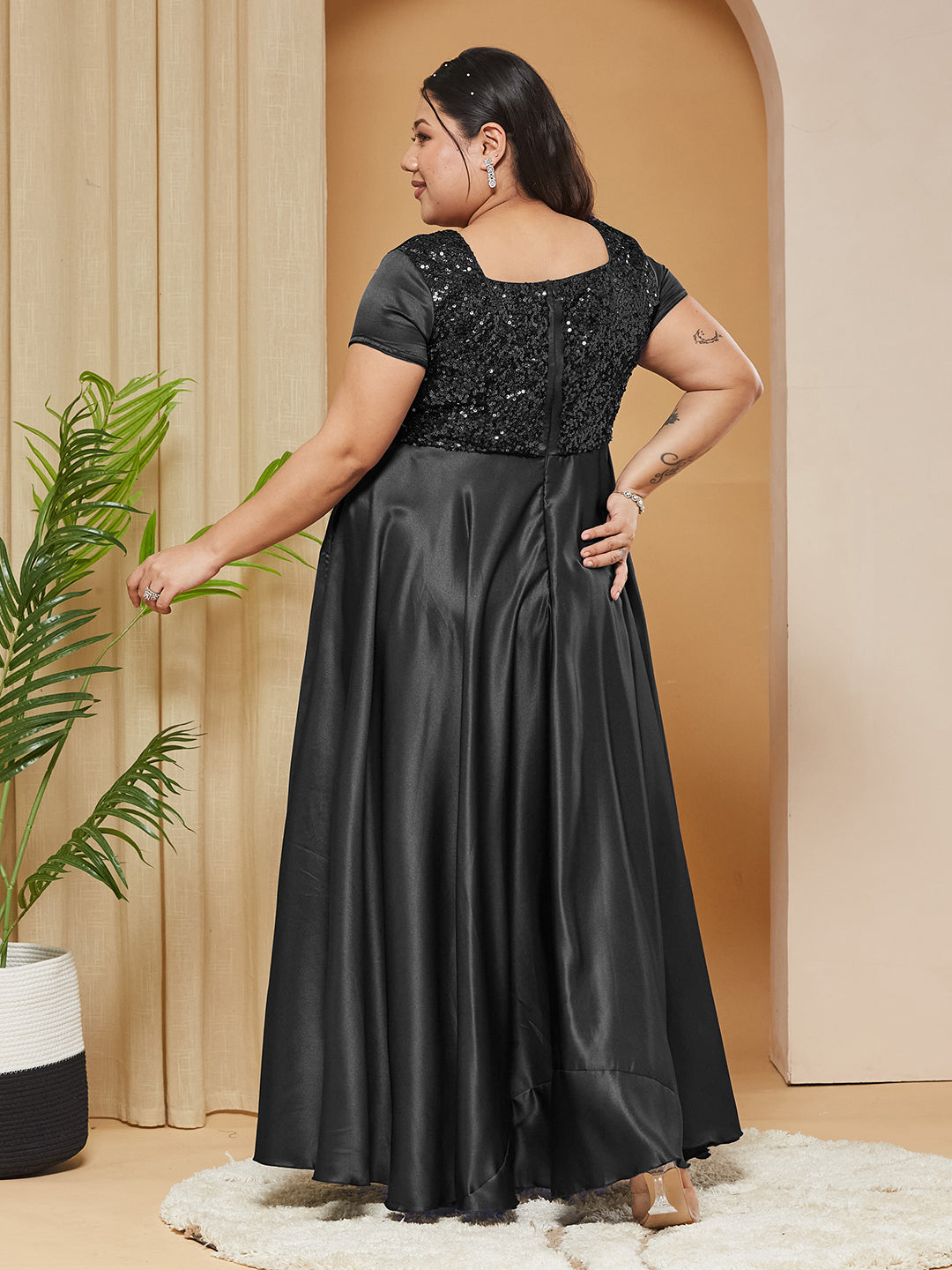 Black Square-Neck Short-Sleeves Embellished Polyester Fit & Flare Maxi Dress for Women