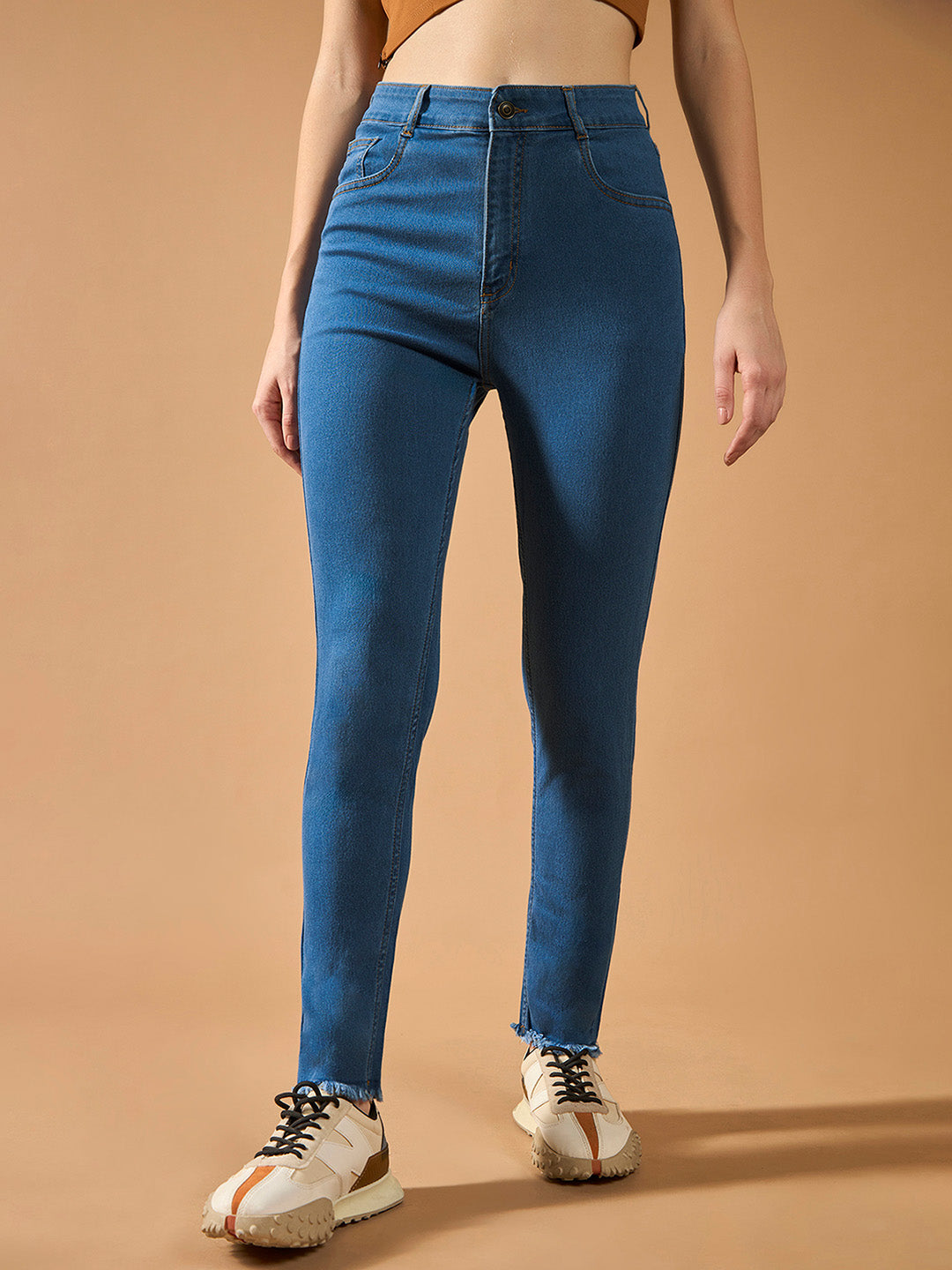 Women's Blue Skinny High-Rise Cropped-Length Fringe Detailing Stretchable Denim Jeans