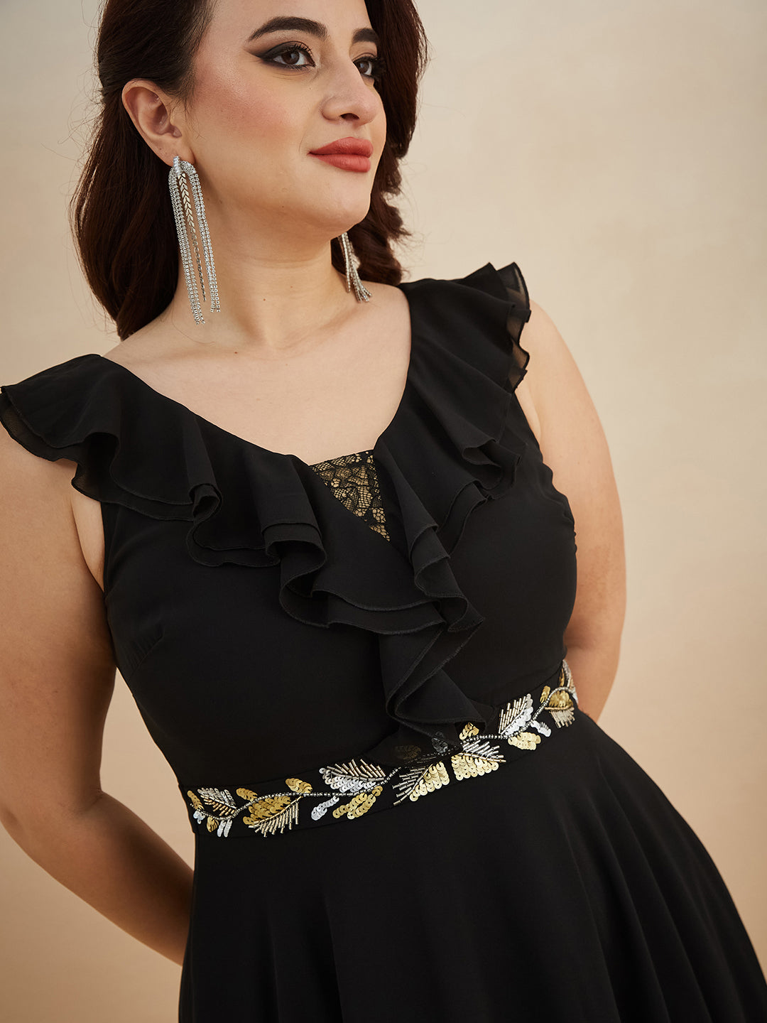 Black Sleeveless Embroidered Ruffled Georgette Maxi Dress for Women — Miss Chase A+