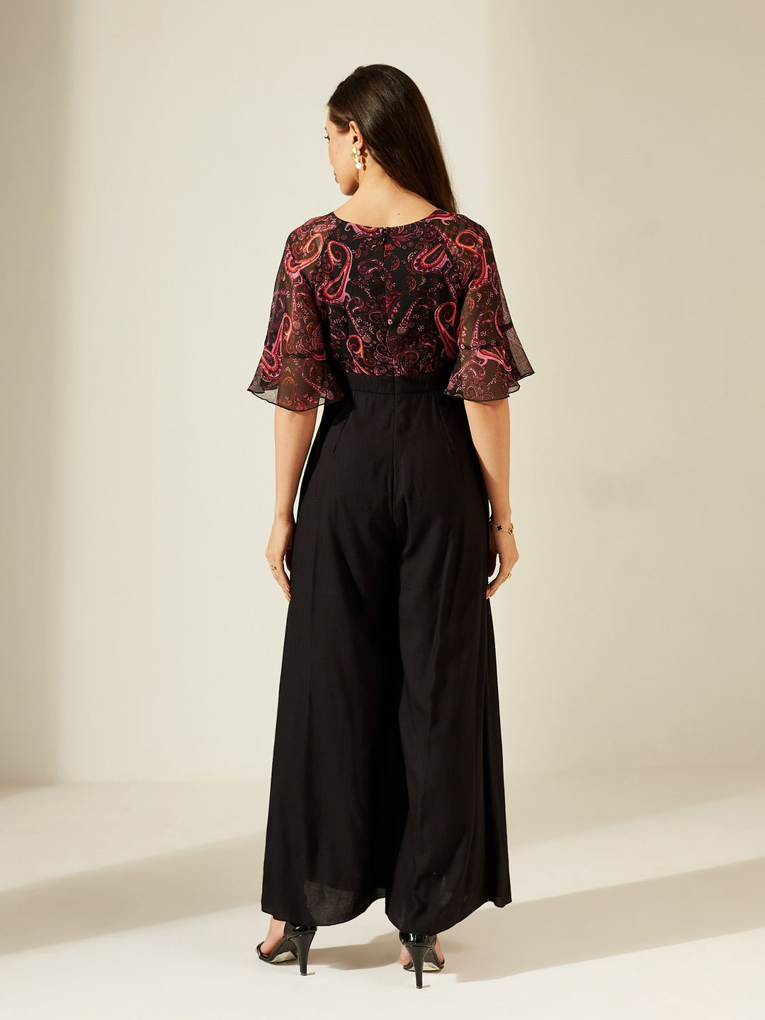 Pink and Black V-Neck Ruffled Sleeve Wide-Leg Printed Jumpsuit for Women for Women