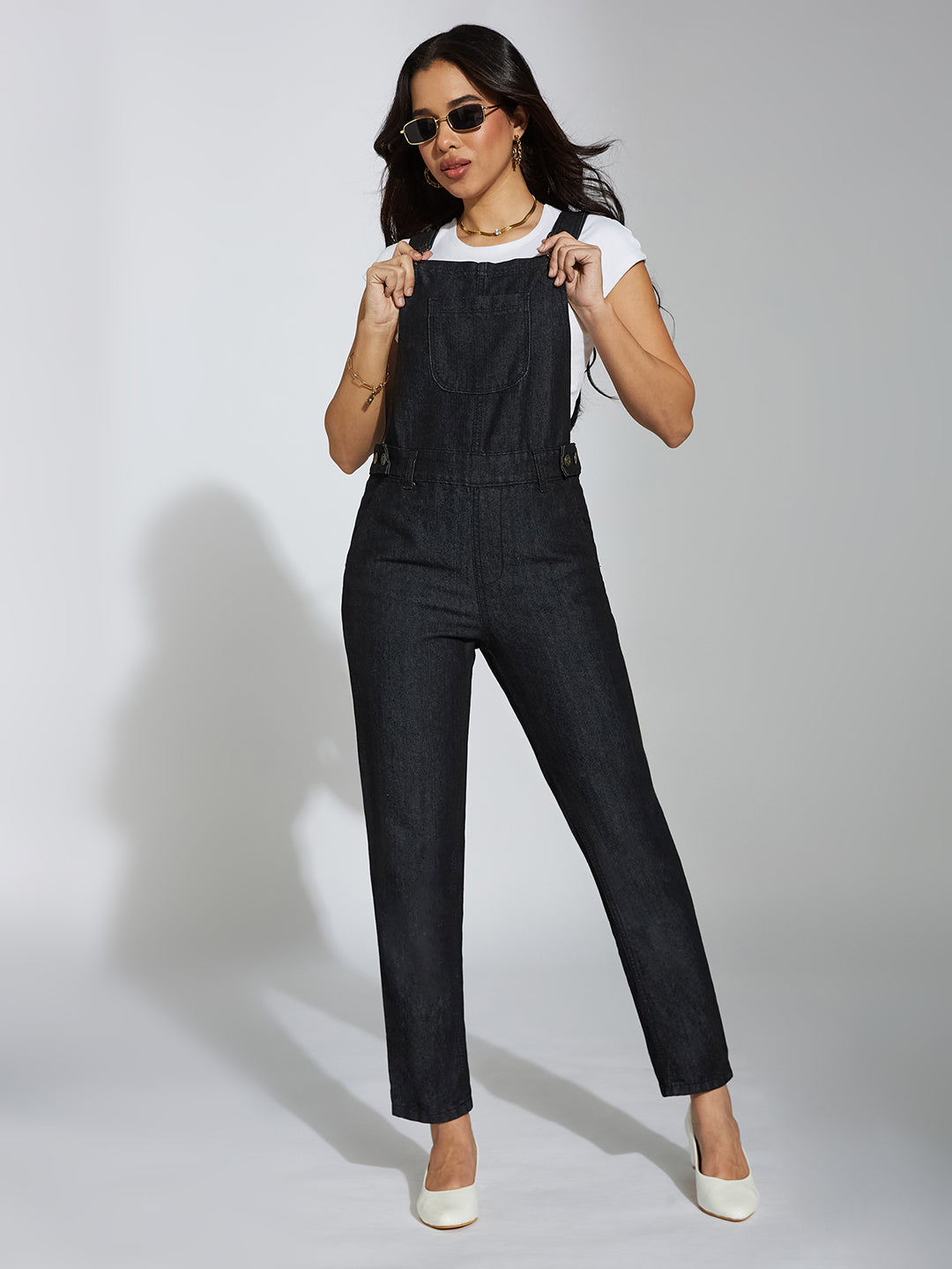Women's Black High-Rise Clean-Look Regular Stretchable Skinny Denim Dungaree