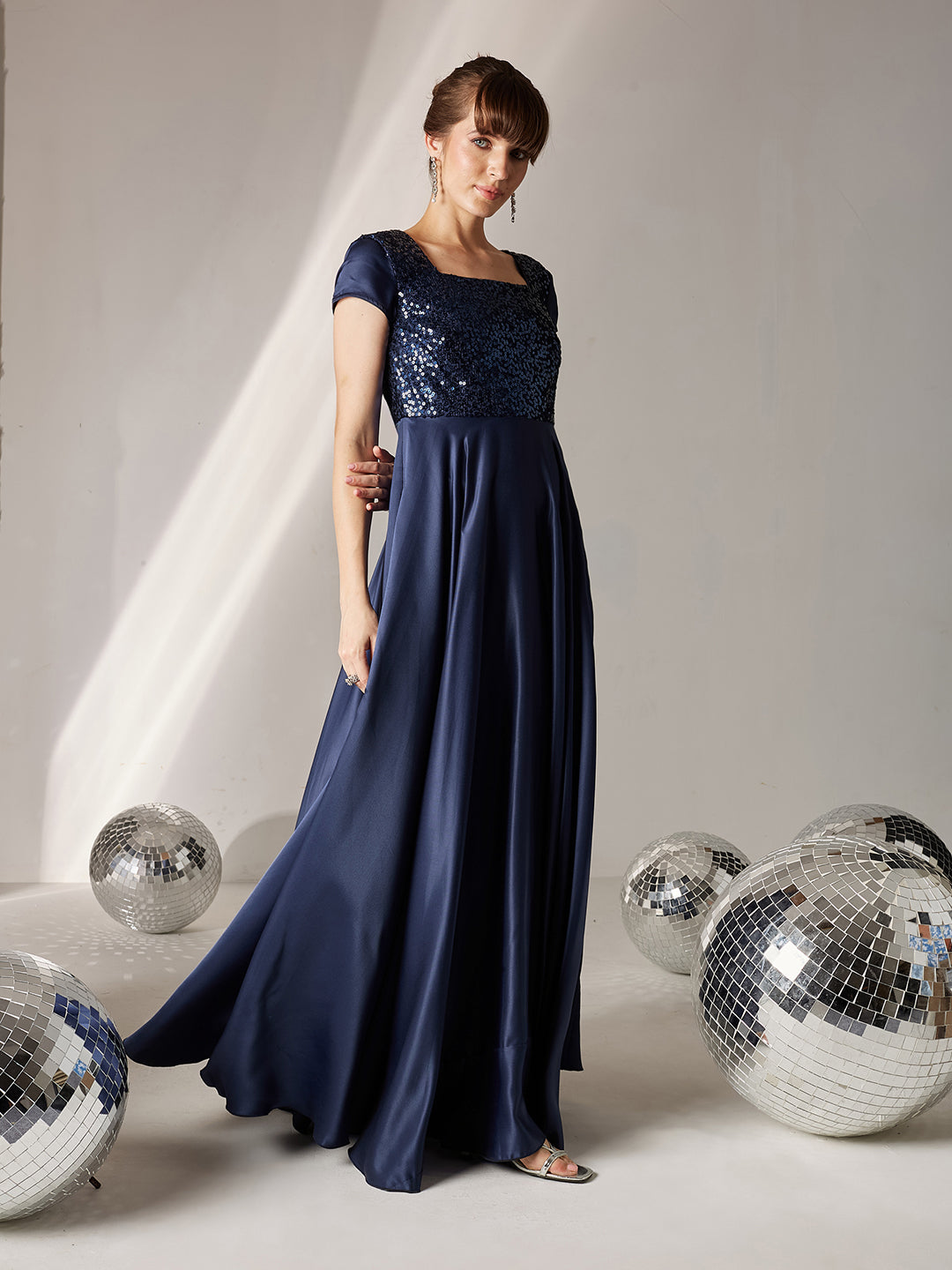 Women's Navy Blue Square Neck Short Sleeve Embellished Polyester Fit & Flare Maxi Dress