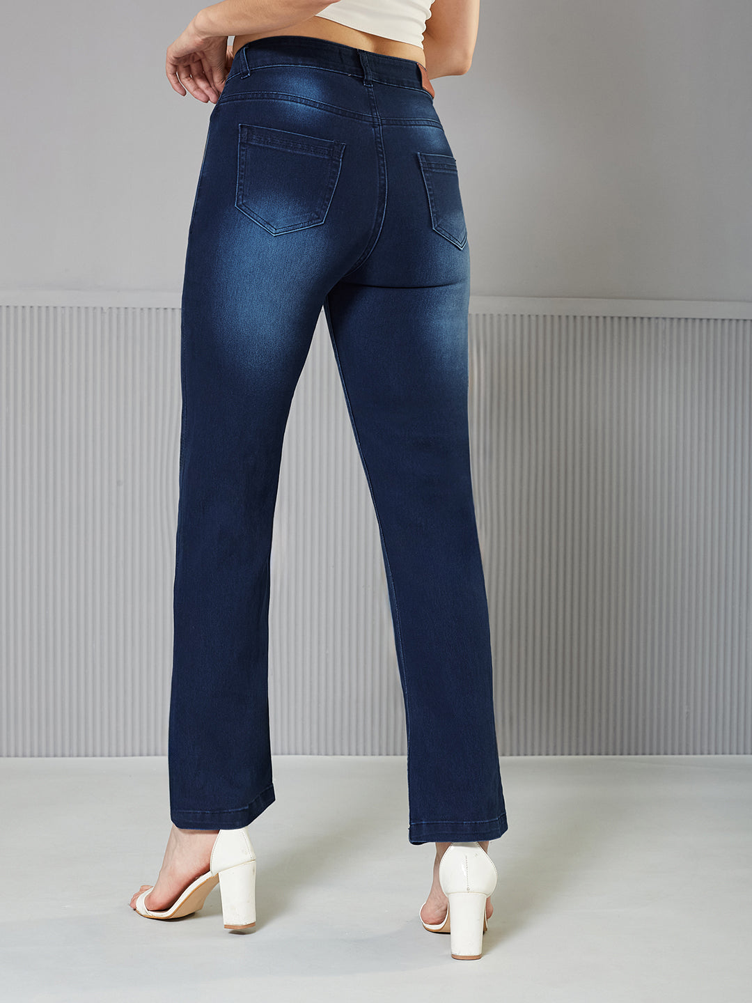 CHASEstretch™ Navy-Blue Wide-Leg Mid-Rise Regular Stretchable Denim Jeans for Women — Miss Chase